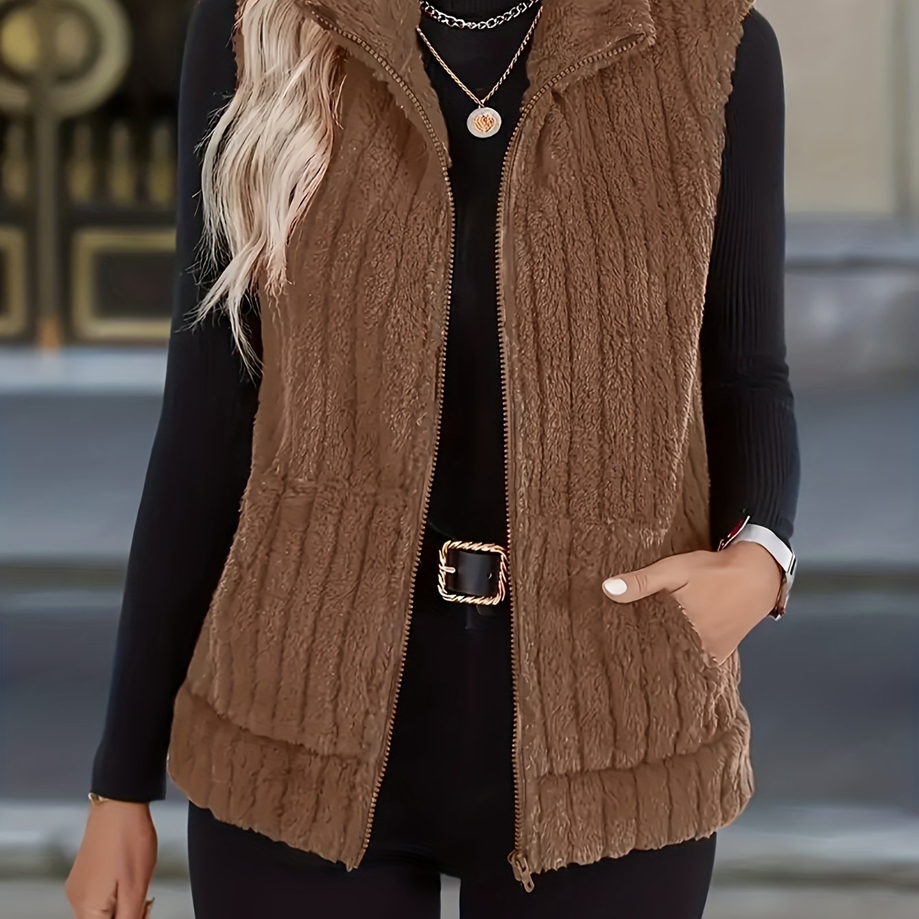 TEMU Chaleco Versátil de Mujer para /Otoño, y , con Cremallera y Bolsillo Pequeño con Cuello