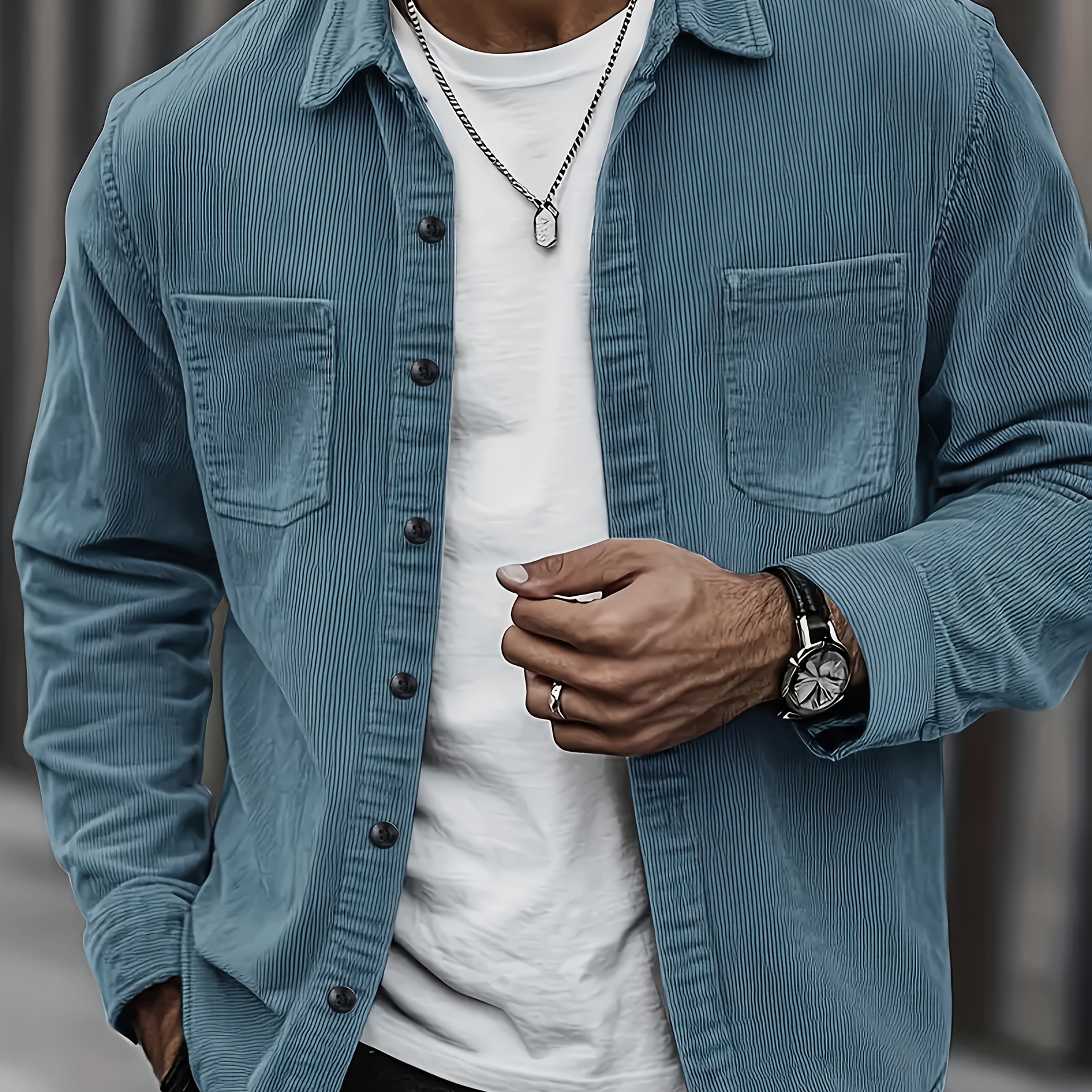 Image of Men's Corduroy Casual Shirt Coat Lapel Button Long-sleeve Cardigan Double Patch And Autumn Long-sleeve Shirt