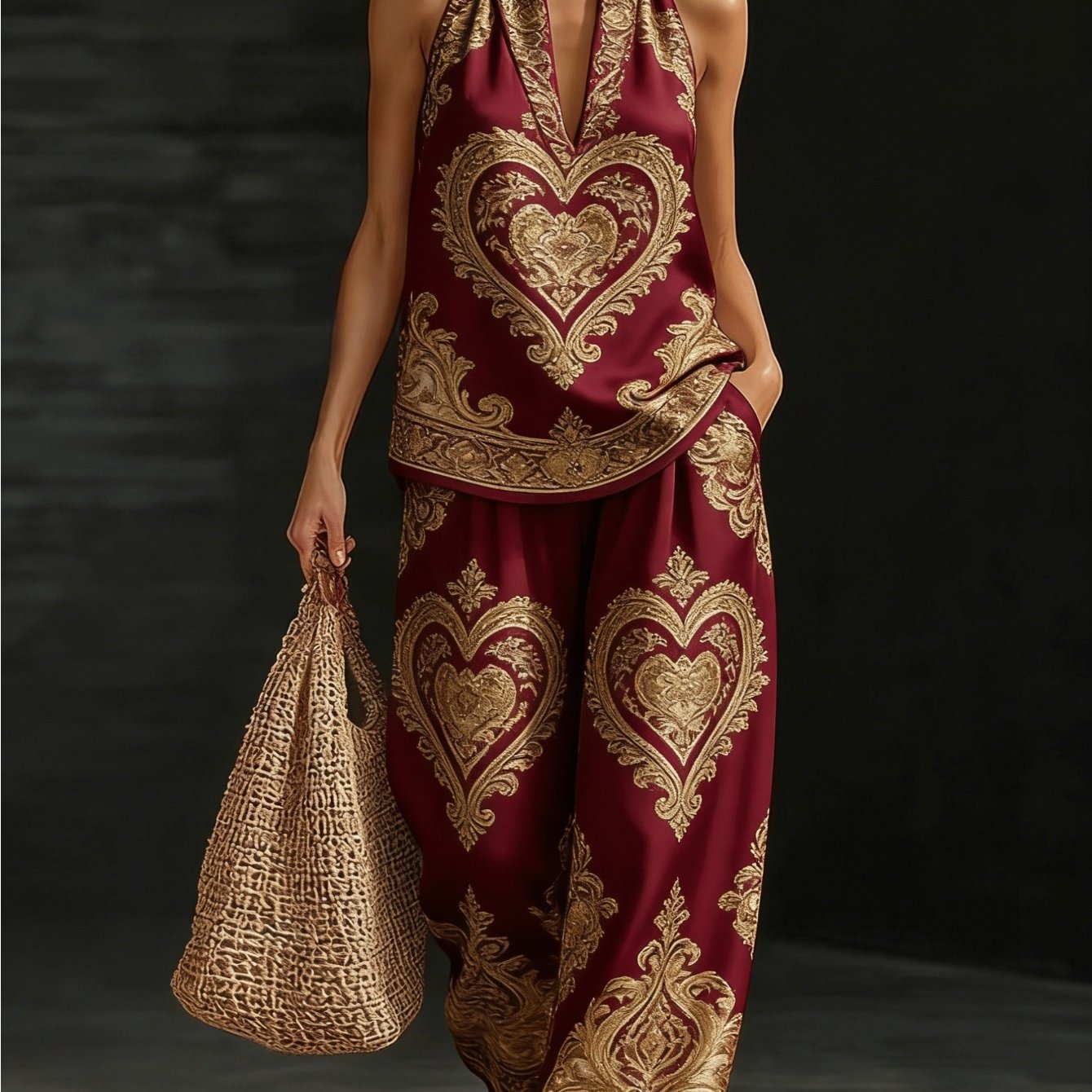 Image of Plus Size - Plus Size - Women's Spring/summer V-neck Top And Elastic Wide-leg Pants 2pcs Set, Baroque Style Heart Print, Suitable For Vacation, Casual, And Formal Wear