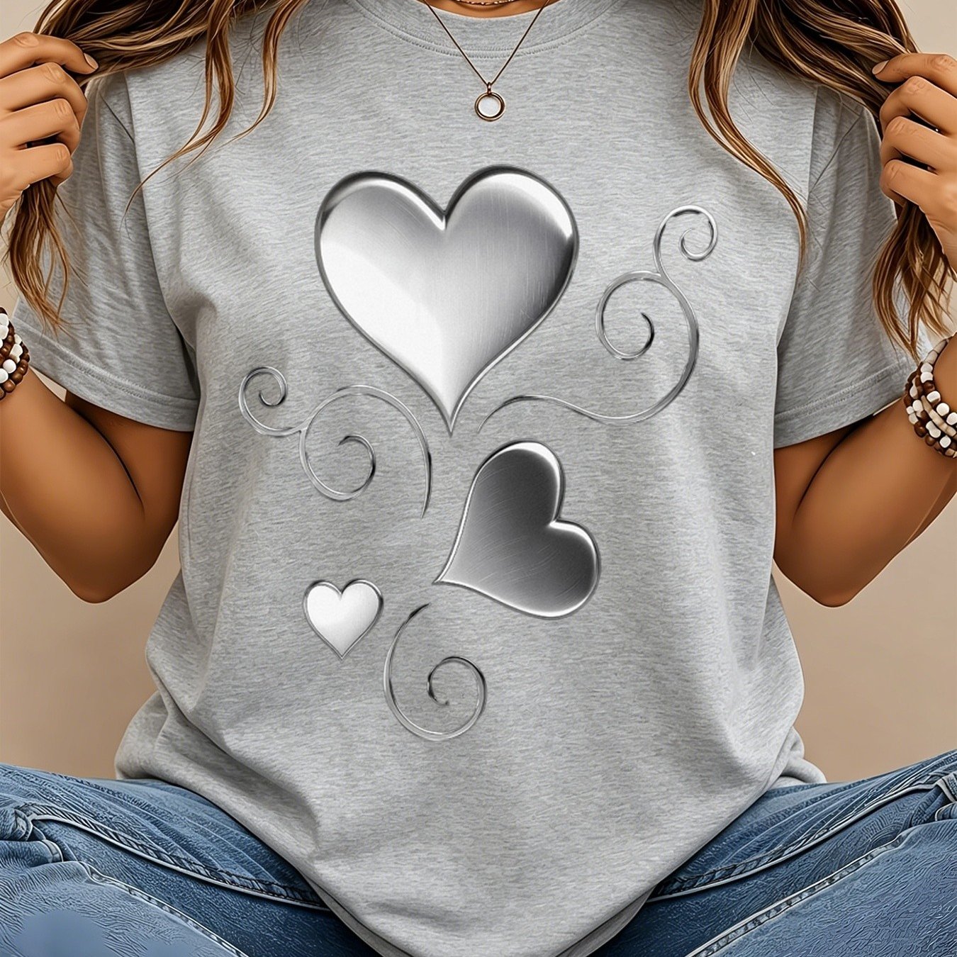 TEMU Plus Size - 1pc Elegant Beautiful Party Gift Fashionable Versatile Vacation Summer Women's Clothing Metallic Heart And Curly Vine Combination