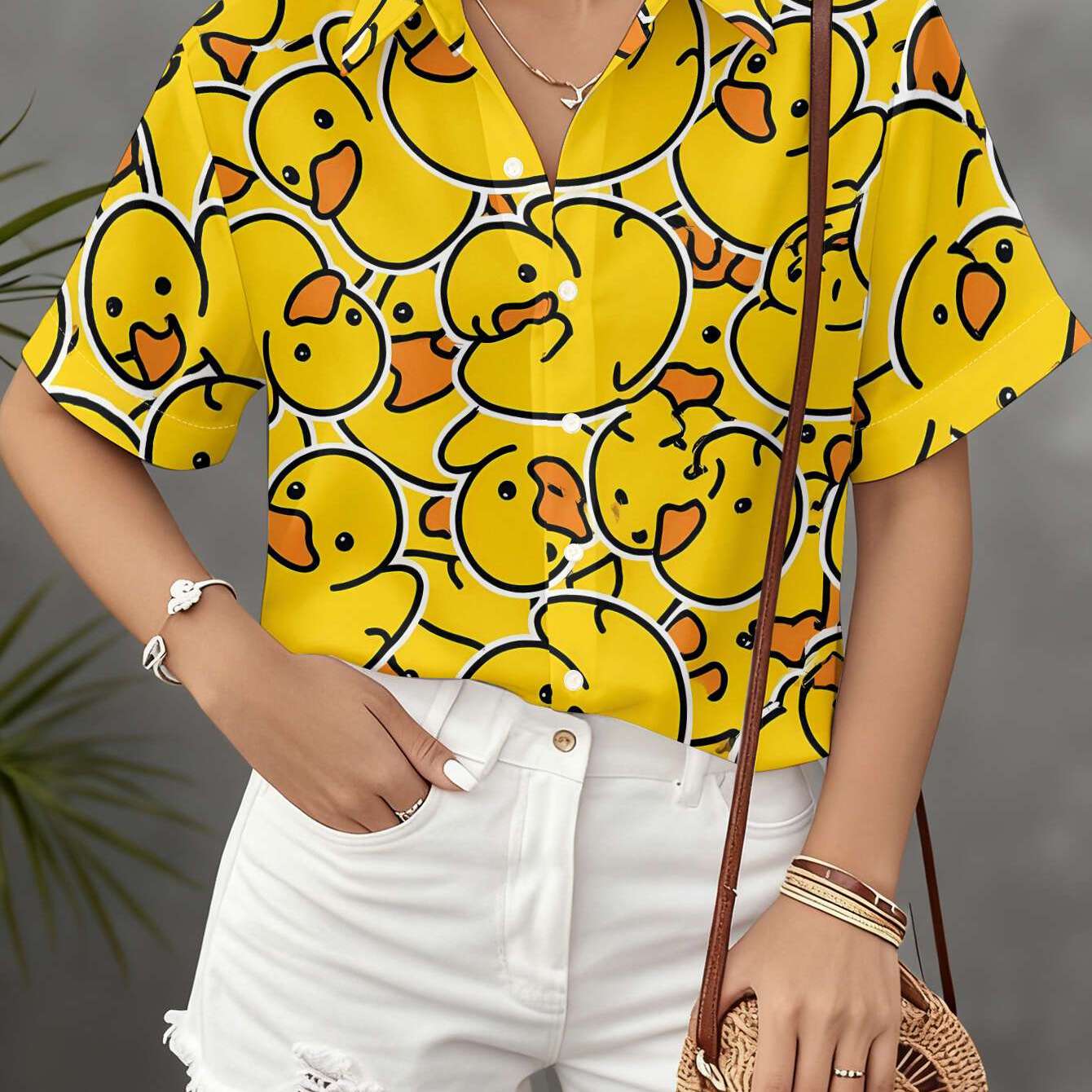 TEMU New Women's Short-sleeve Shirt Featuring An Print Of Small Yellow Ducks With . A Versatile Casual Top For Daily Commutes, Machine Washable,