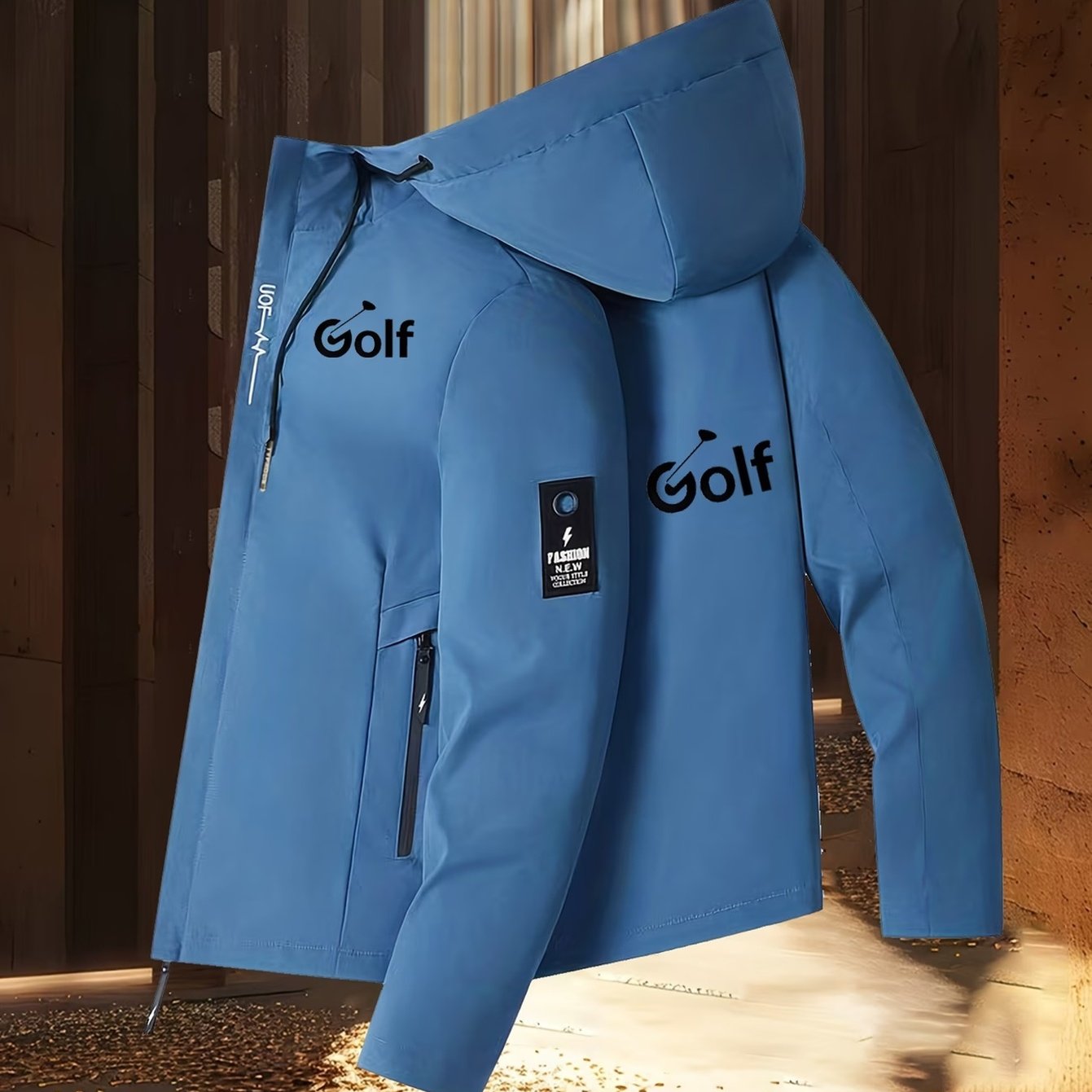 TEMU Men's Golf Jacket, Full-zip Closure With Golf Logo | Navy Blue Coat, Zippered Pockets, Hooded Design, Lining - Ideal For Golf, Fishing, Casual