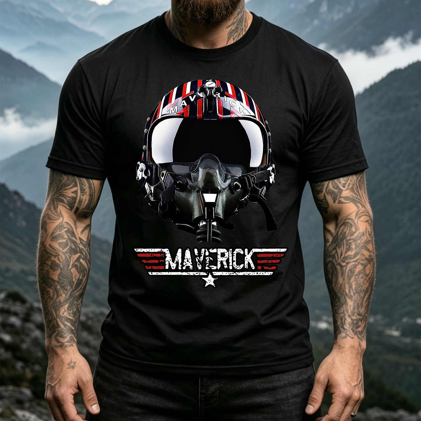 Men's Helmet T-shirt - Helmet Print Round Neck Breathable Casual Shirt, Suitable For Outdoor & Casual Attire, All, Machine Washable Regular Fit For Motorcycle Riding & Leisure Activities