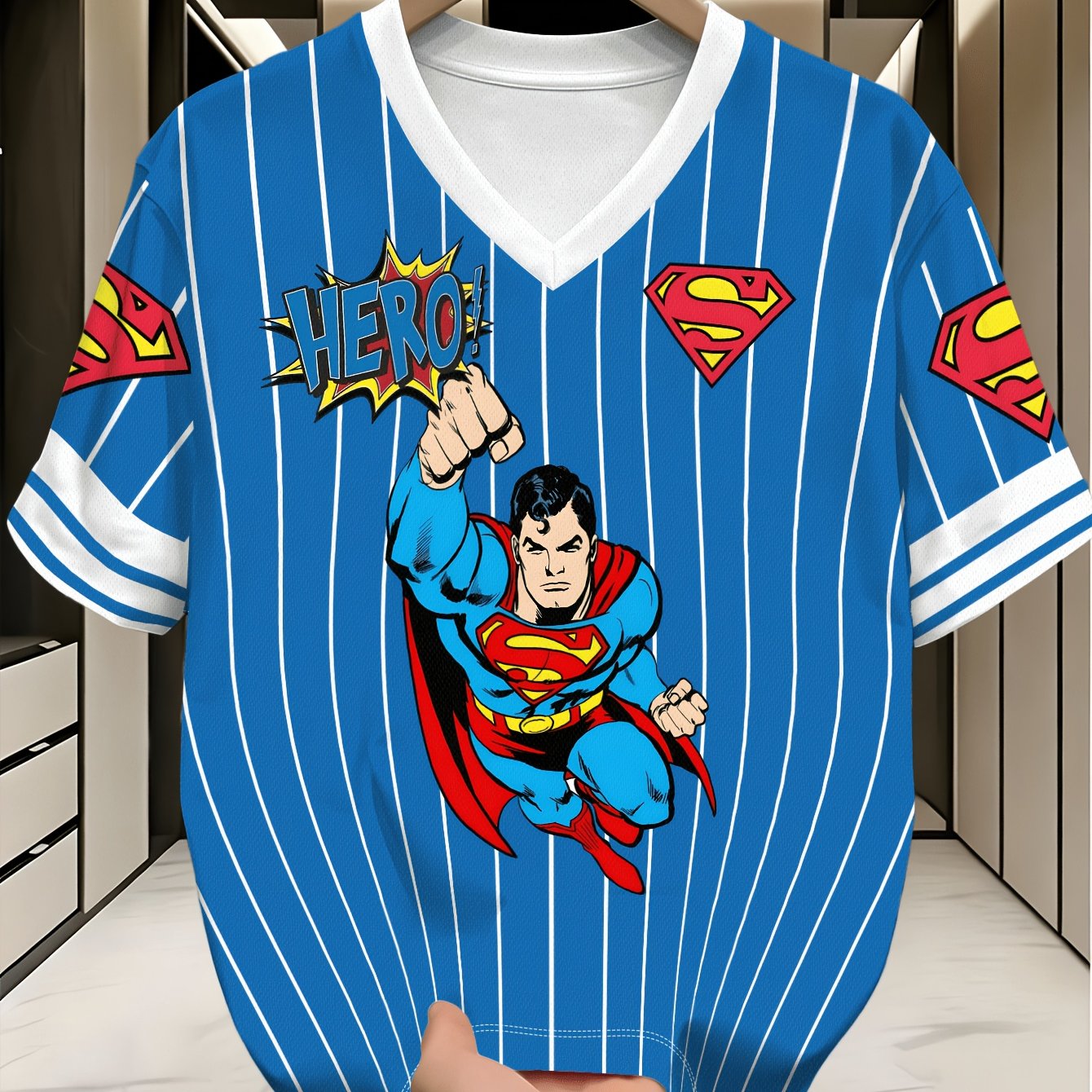 TEMU Casual Apparel Officially Licensed Casual Apparel Superman Vintage American Comic Superman Hero Vertical Stripe V Neck Short Sleeve Mens Plus