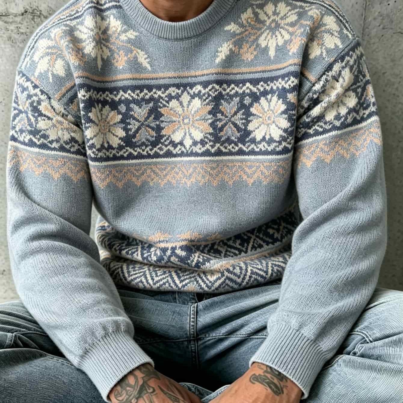 TEMU 2d Flat Print Men's Fashion Thin Sweater, Men's Casual Pullover Long Sleeve Top Comfortable -friendly Christmas Holiday Nordic Isle Snowflake