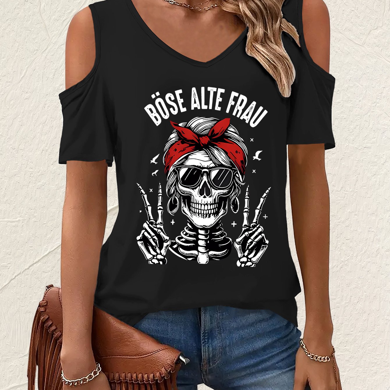 Image of Graphic Print T-shirt, Short Sleeve V Neck Casual Top For Summer & Spring, Women's Clothing