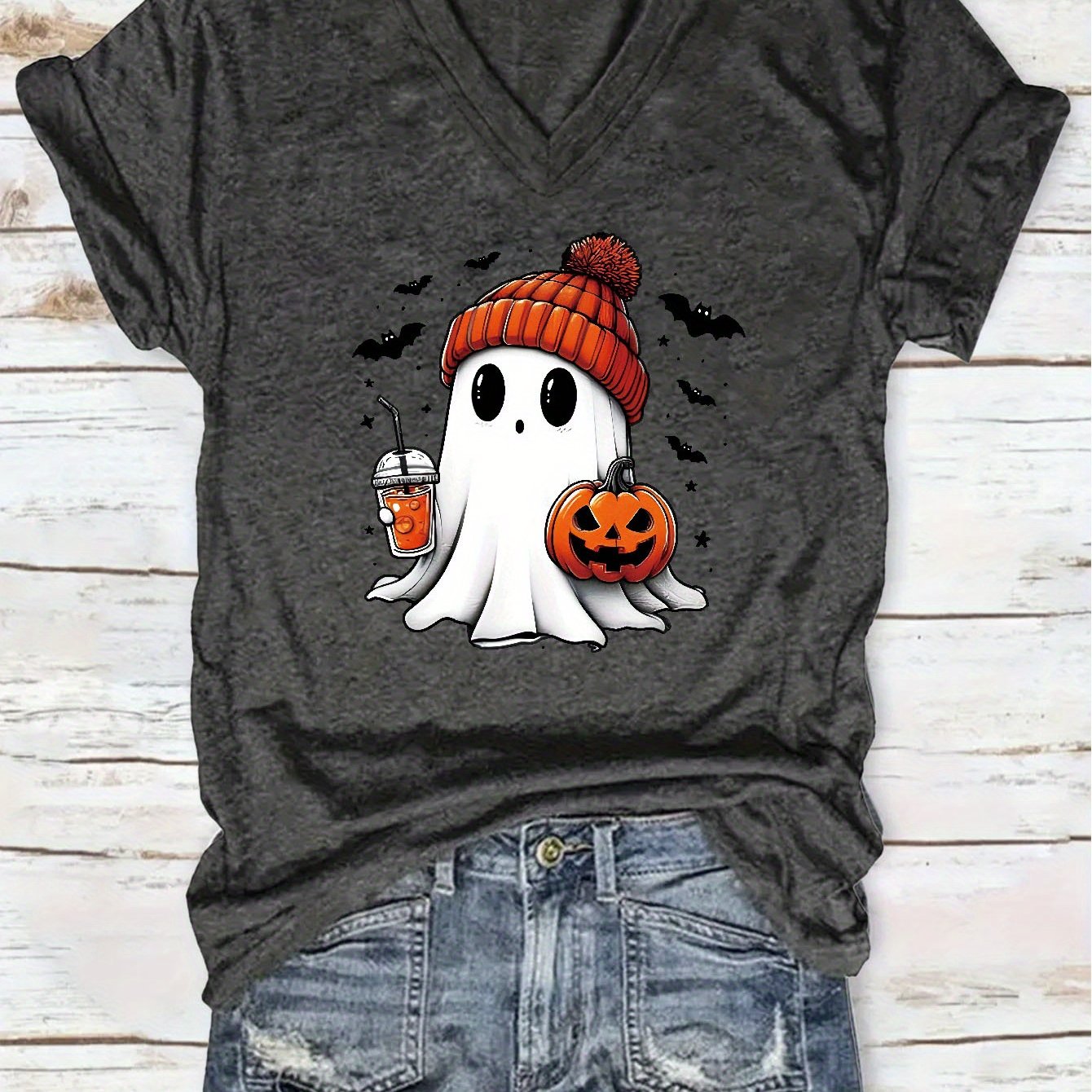 TEMU "" Print V-neck T-shirt, Spring And Summer Casual Short-sleeved Top, Women's Clothing, Suitable For Gifting On Holidays