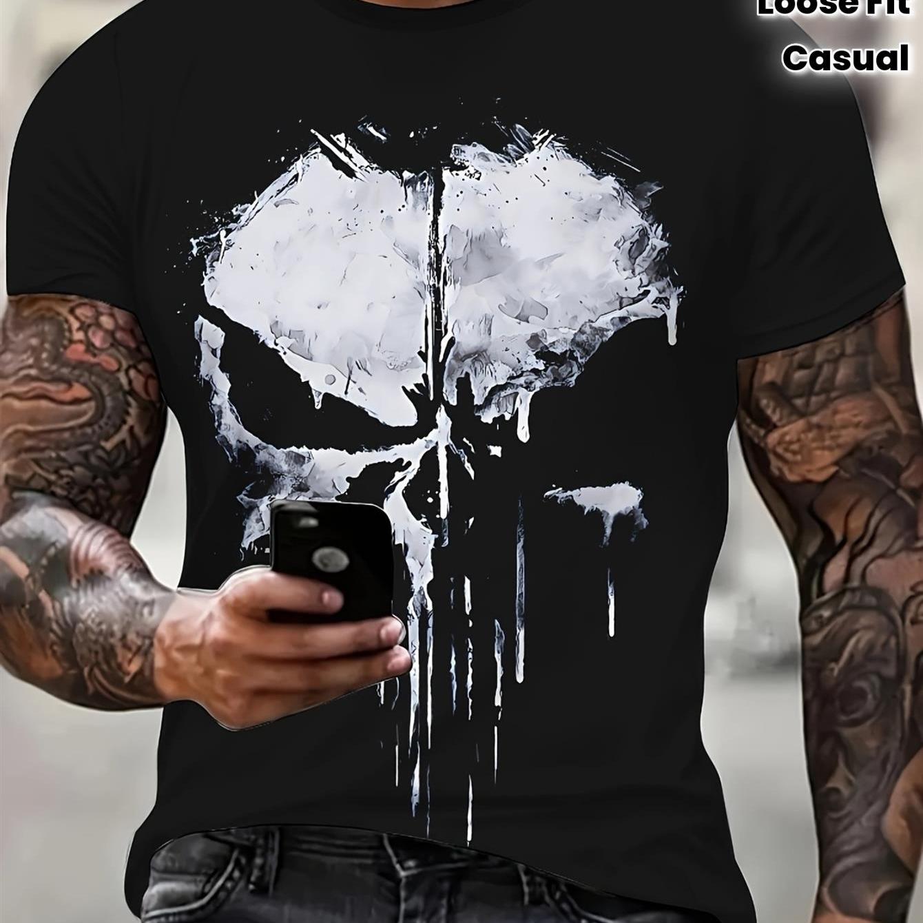 Men's Heavyweight Black And White Skull Graphic Tee | 100%, 180gsm, Retro Loose Fit Crewneck, Gothic Streetwear Casual Shirt, Suitable For , Perfect For Day And Casual Wear