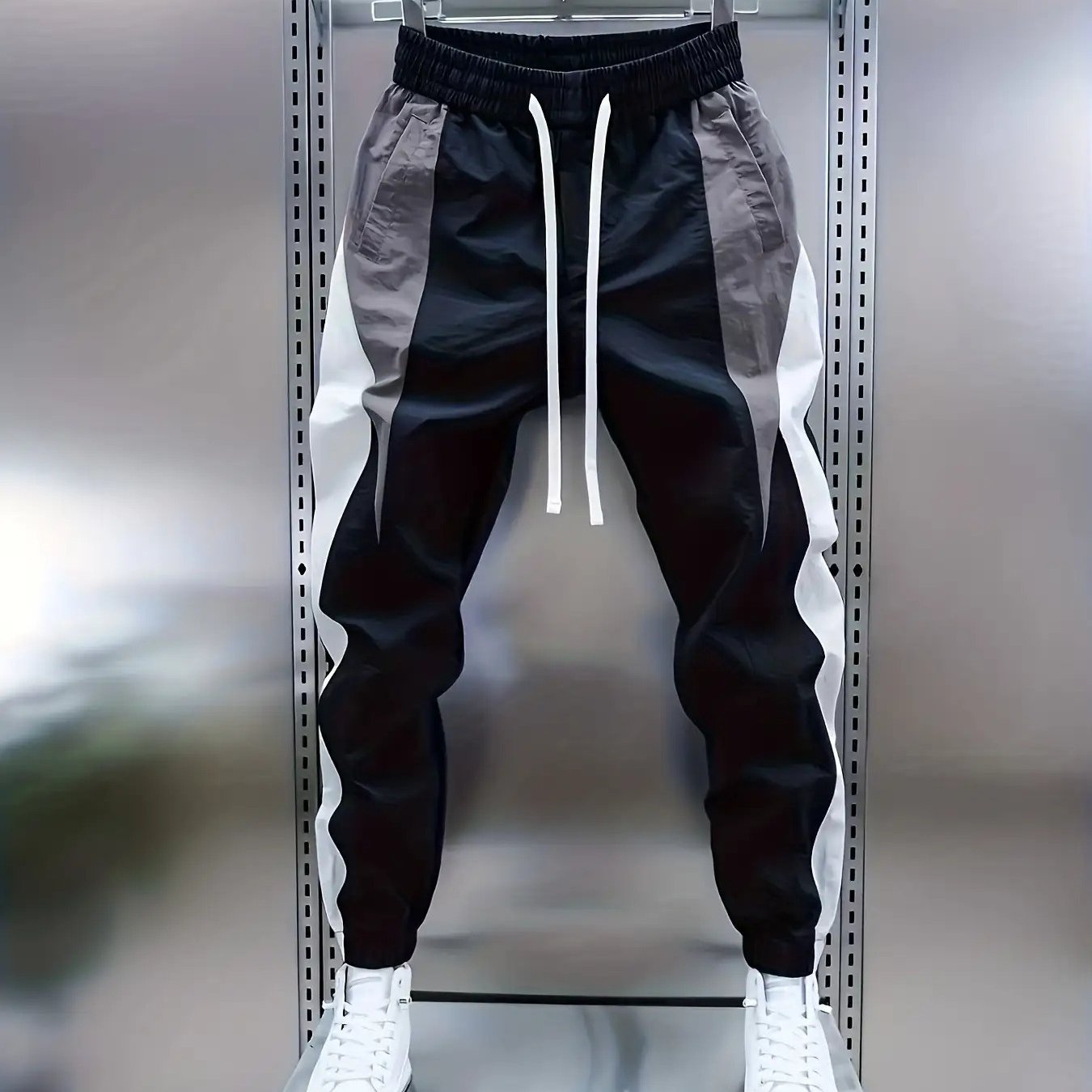 TEMU Men's Black & -block Joggers - Elastic Waist & Drawstring Sweatpants With Side Pockets, Casual Pants For Gym, Running, Workouts - Non-stretch