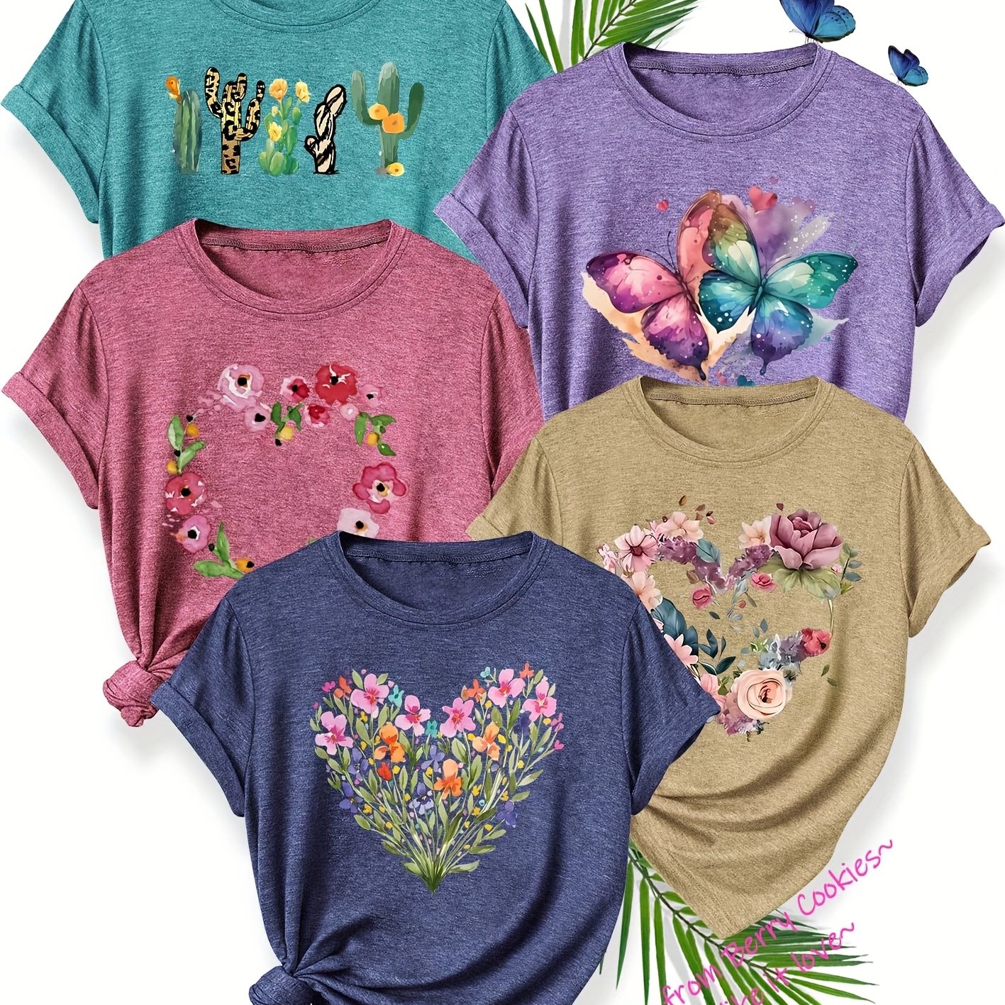 TEMU 5pcs Set Women's Vintage Botanical T-shirt Collection - Short Sleeve Blouse With Plant & Flower Prints, Round Neck Casual Tops, S-xxl Sizes In