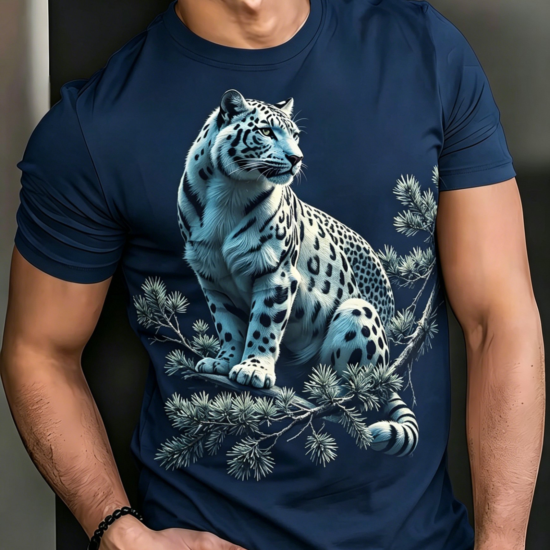 TEMU Realistic Snow Leopard And Pine Branch Print Plus Size Men's Short Sleeve T-shirt, Extra Loose Fit, Crew Neck Casual Summer Top, Plus Size