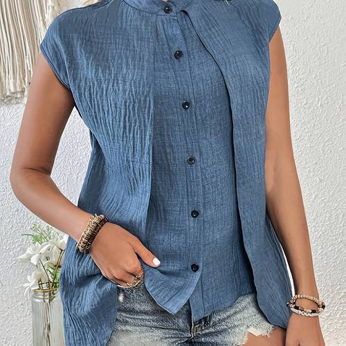 plus size womens fabric pleated solid color elegant stand collar shirt