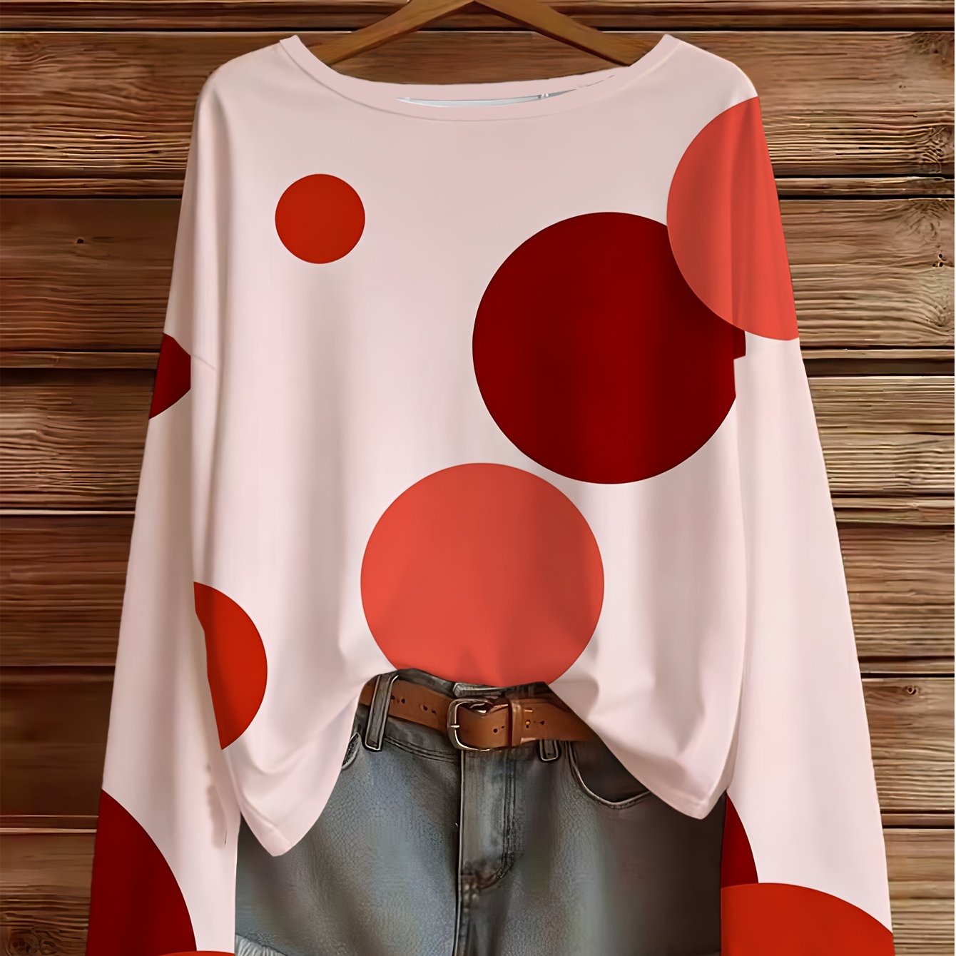 TEMU Plus Size, Elegant Women's Long-sleeve Polka Dot Print Round Neck Top, Suitable For Spring And Summer, A Stylish And Versatile Casual Top For