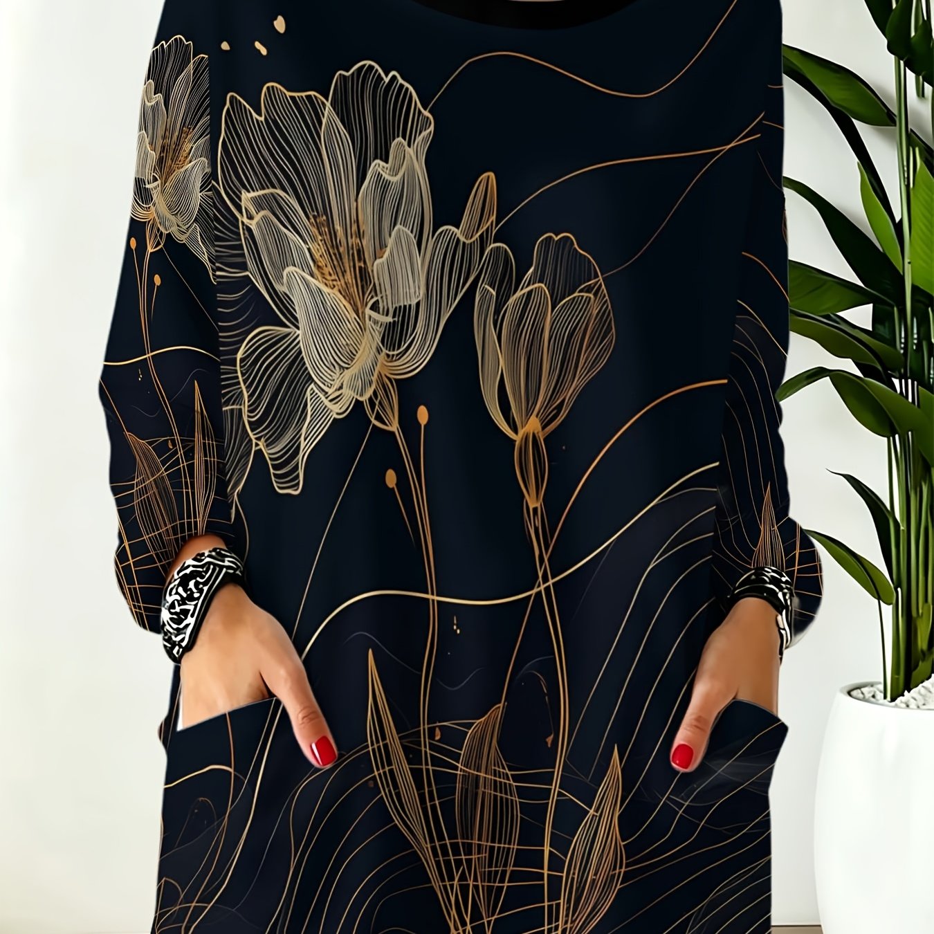 TEMU Plus Size, Women's Round Neck Long Sleeve Top With , Floral Print, Pockets, Loose Fit, Casual Mid-length Top. Printed Design - Not Textured