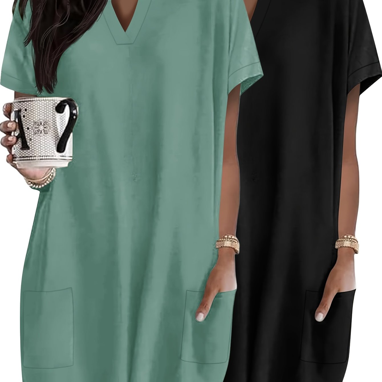 Image of 2pcs Women's Fashion Top, Casual Loose Fit With Pockets, Elegant Comfortable Short Sleeve V-neck Long T-shirt