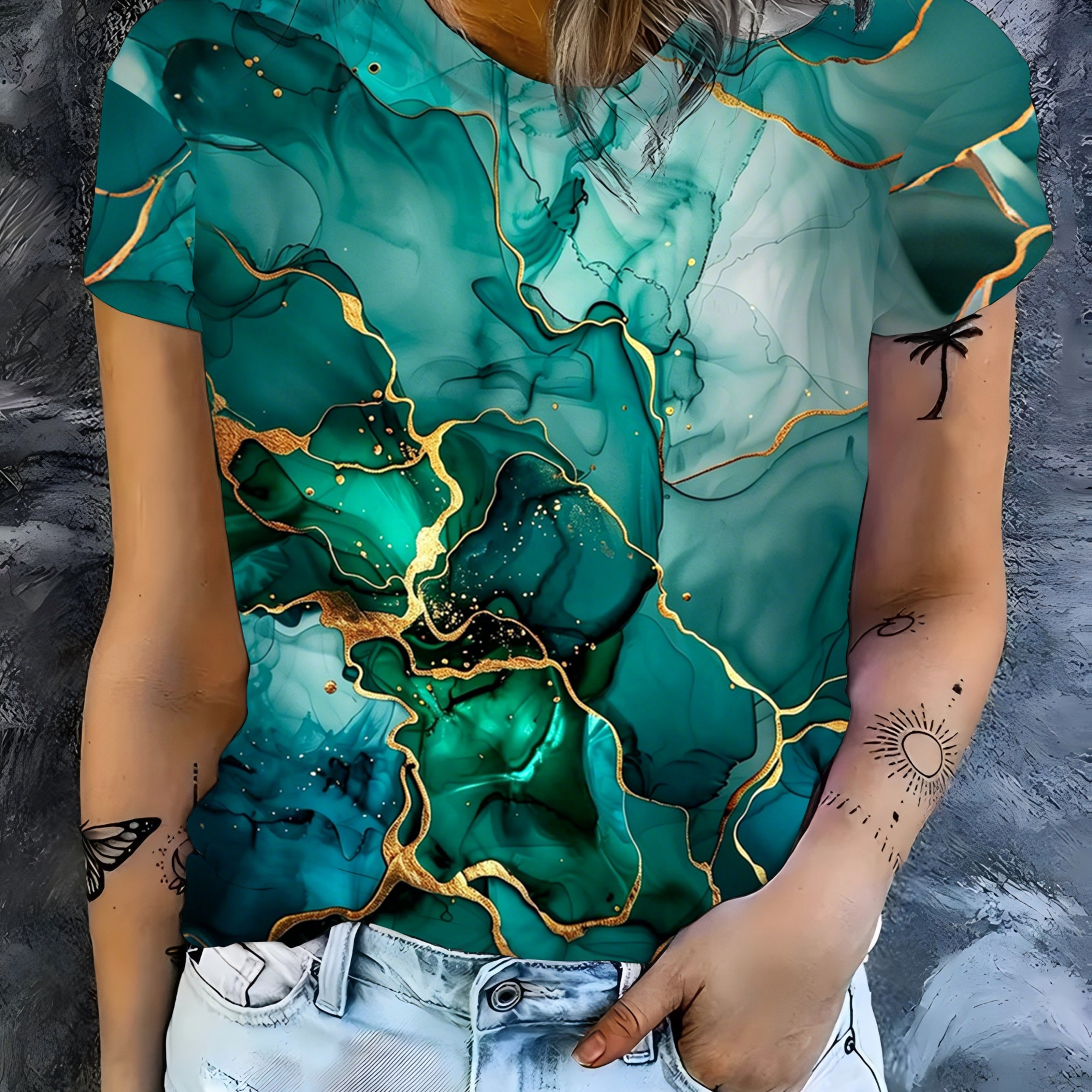 TEMU Artistic Ink Wash Emerald Gilded Marble Print T-shirt, Premium Textured Women's Casual Crew Neck Short Sleeve, Machine Washable Festive Party