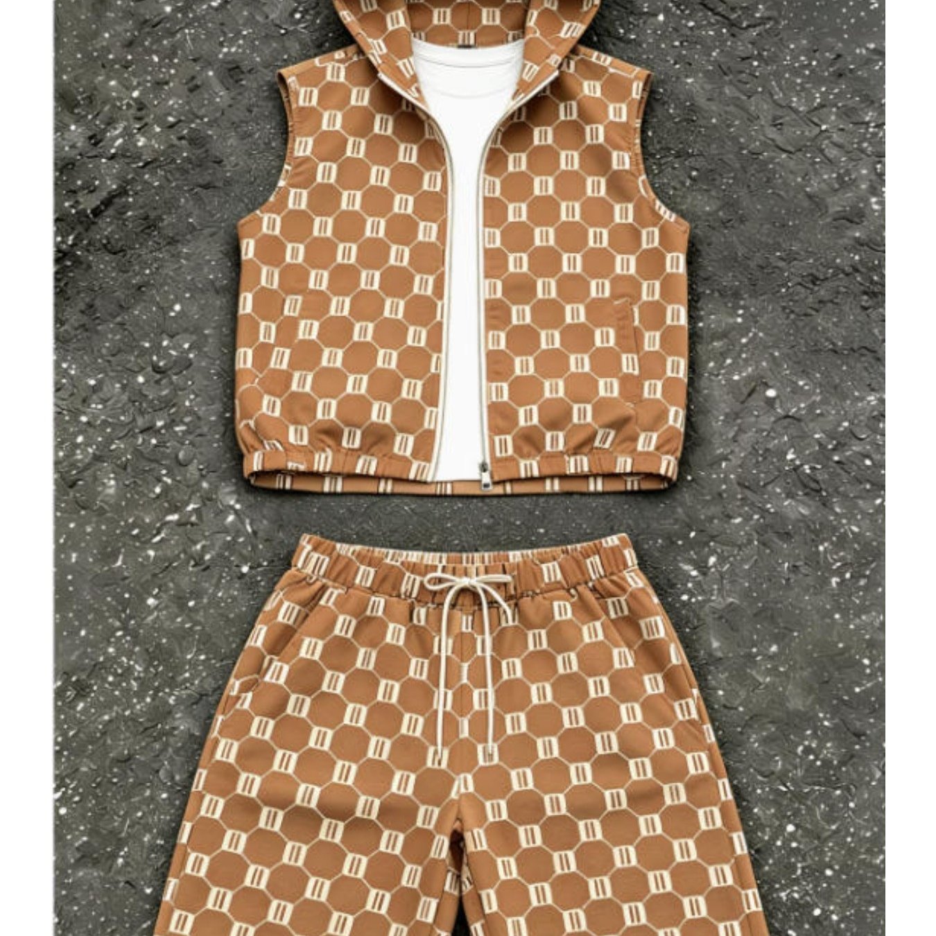 Image of Men's Casual Suit Sleeveless Hooded Men's Set Casual Trendy Geometric& Letter Pattern Shorts Set Men's Fashion For Adults Men Street Style Casual Wear Holiday Gift