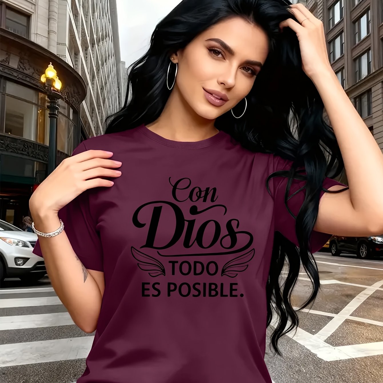 TEMU Espressione classica religiosa e ispiratrice, con la spagnola "Con ." Stampa di lettere in uno stile e di tendenza. Questa maglietta da donna a