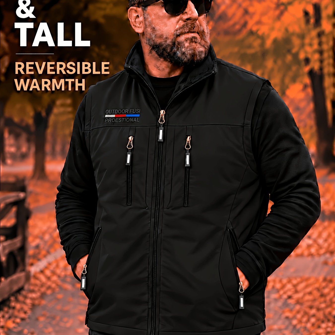 TEMU Men's Big & Tall Stand Collar Soft Shell Vest, Autumn/winter Sleeveless Outerwear With Multiple Zippered Pockets, Outdoor Casual Warm Vest,