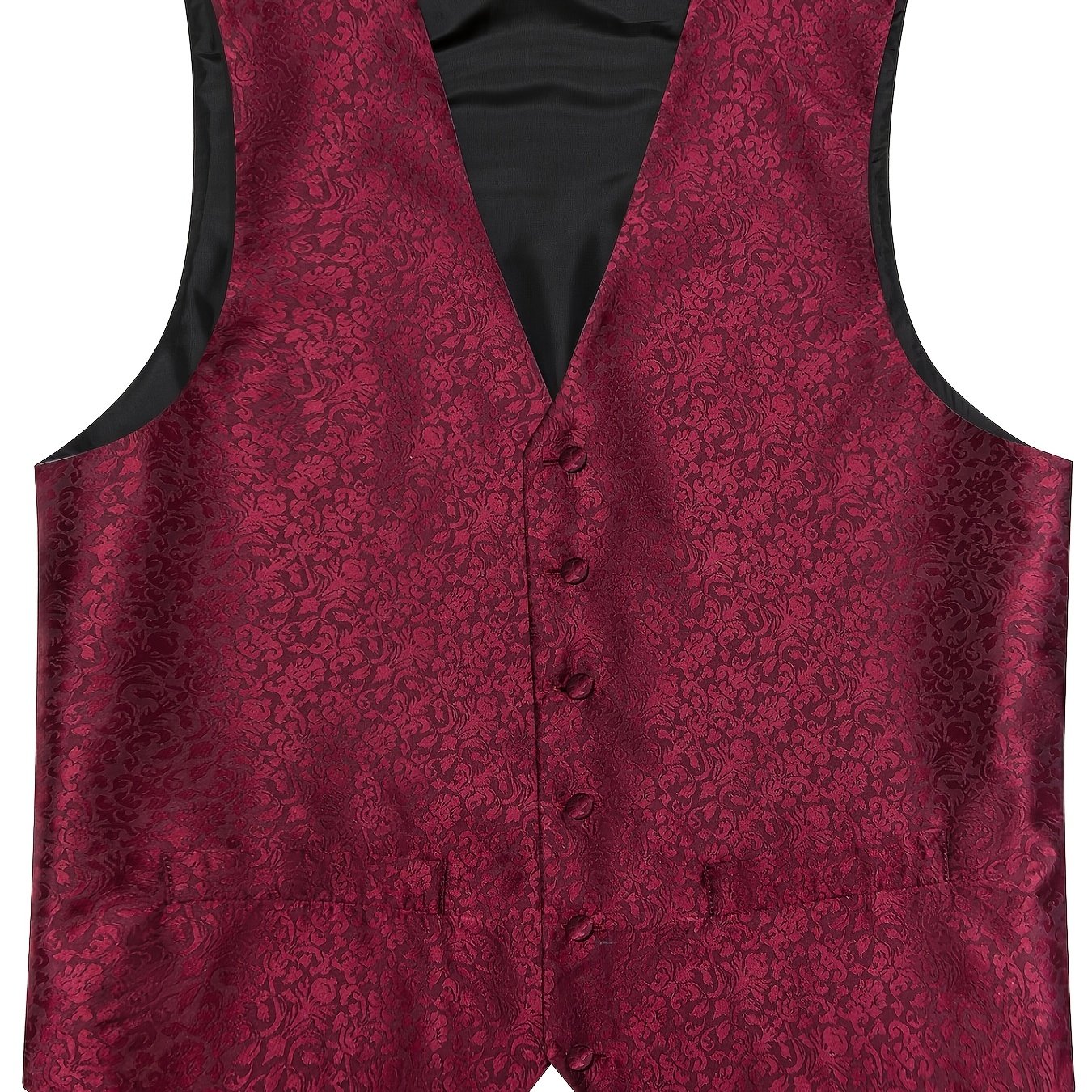 Image of Men's Burgundy Red Floral Dress Vest Set Formal Waistcoat With Tie, Bowtie, Pocket Square For Wedding Party