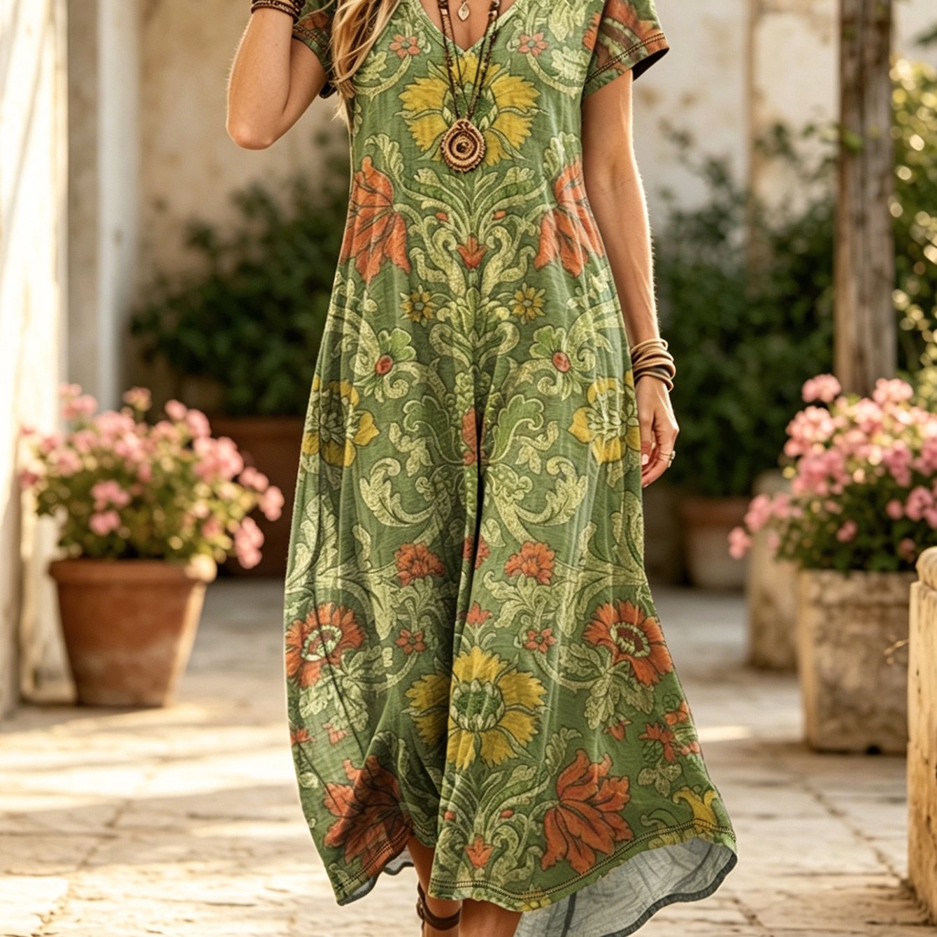 Image of Plus Size Women's Vintage Green Paisley Floral Print V-neck Short Sleeve Maxi Dress Summer Loose Fit Flowy A-line Dress Casual Vacation Boho Dress For Daily Wear