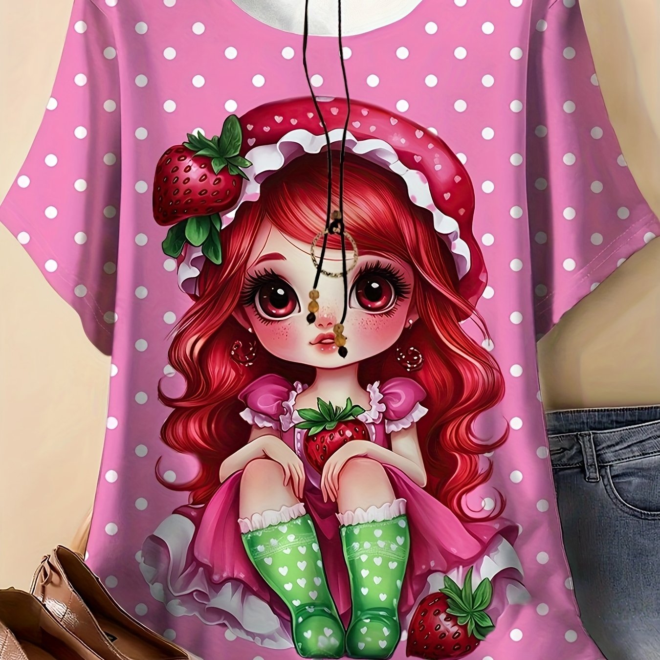 TEMU Plus Size, Women's Polka Dot Strawberry Vintage Print T-shirt - Casual Short Sleeve Crew Neck Top, Art Design, Breathable And Comfortable For ,