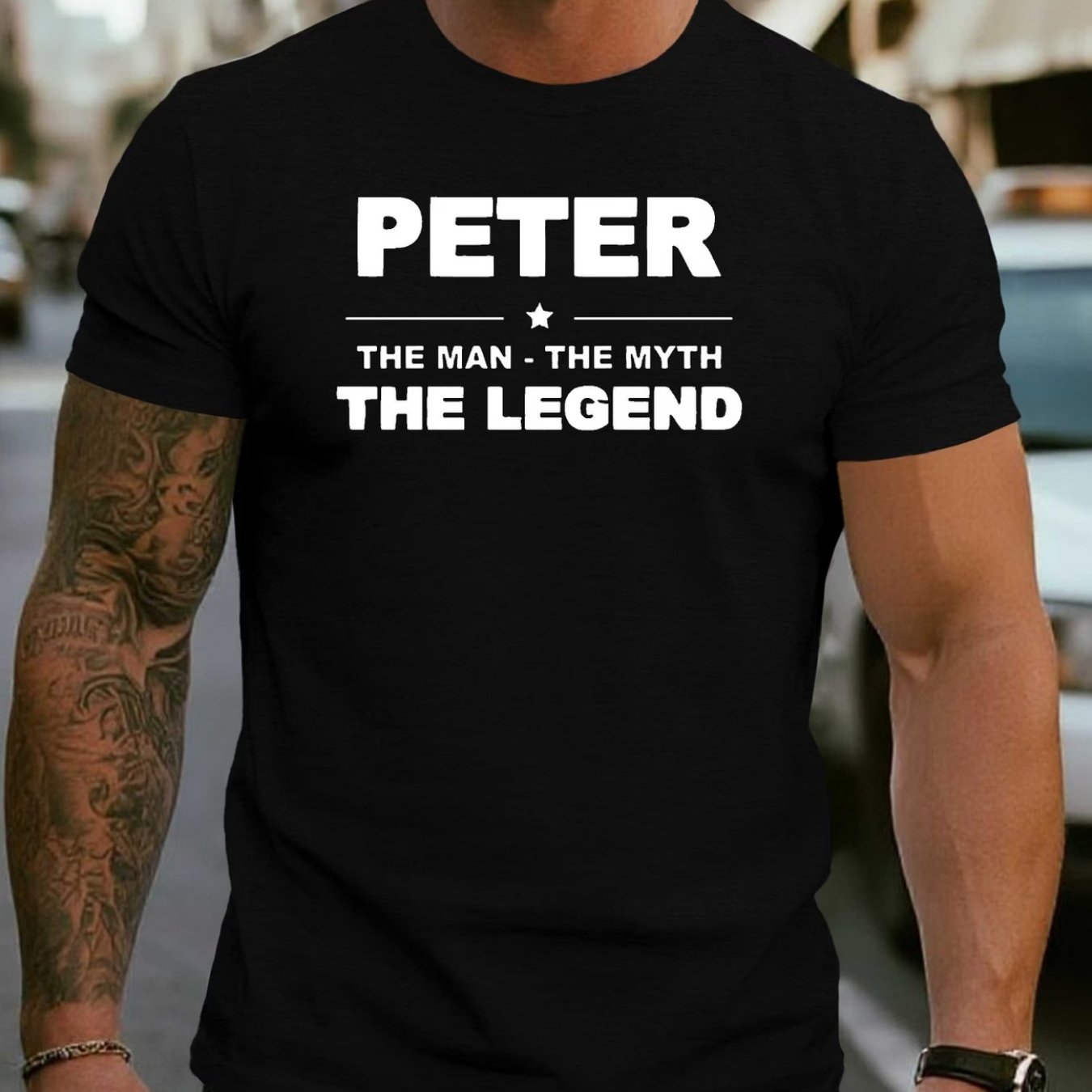 TEMU Men's "peter: The Man - - The Legend" T-shirt | Casual Urban Style, Soft And Breathable, 100% Fabric, Design, Round Neck, Short Sleeve Summer