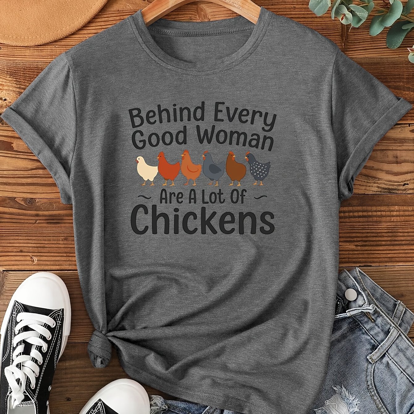 TEMU Hen Style: "a Is Backed By A Flock Of Chickens" Printed Design, A Wonderful Gift. Round Neck, Vacation, Daily , Fashionable Vintage Style.