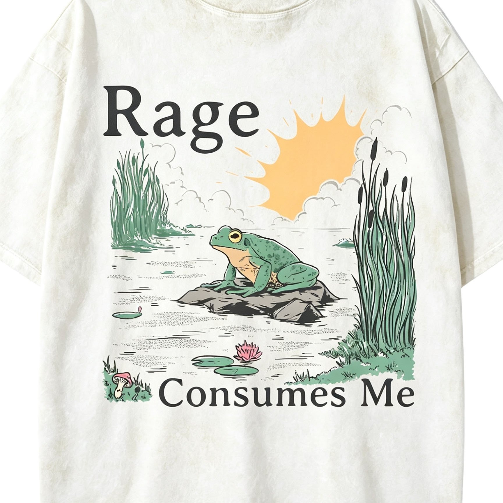 TEMU Men's And Women's 100% Y2k Vintage Washed Apricot Print T-shirt - Short Sleeve With Frog Pond Sunset Pattern, Wear, Machine Washable, Street