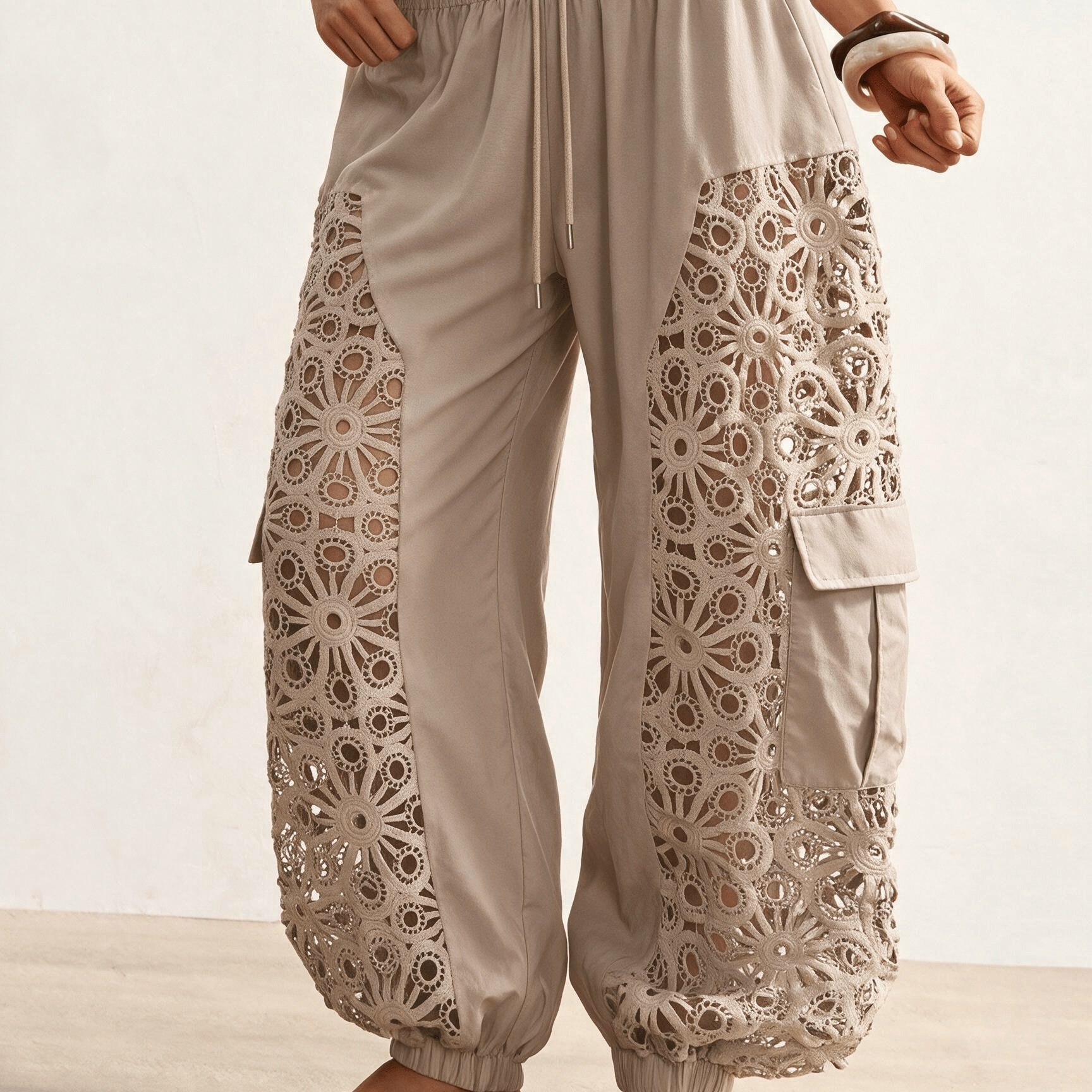 TEMU Women's Bohemian Style Hollow Lace Ankle Pants, Casual Drawstring Elastic Waist Wide-leg Floral Embroidered Trousers