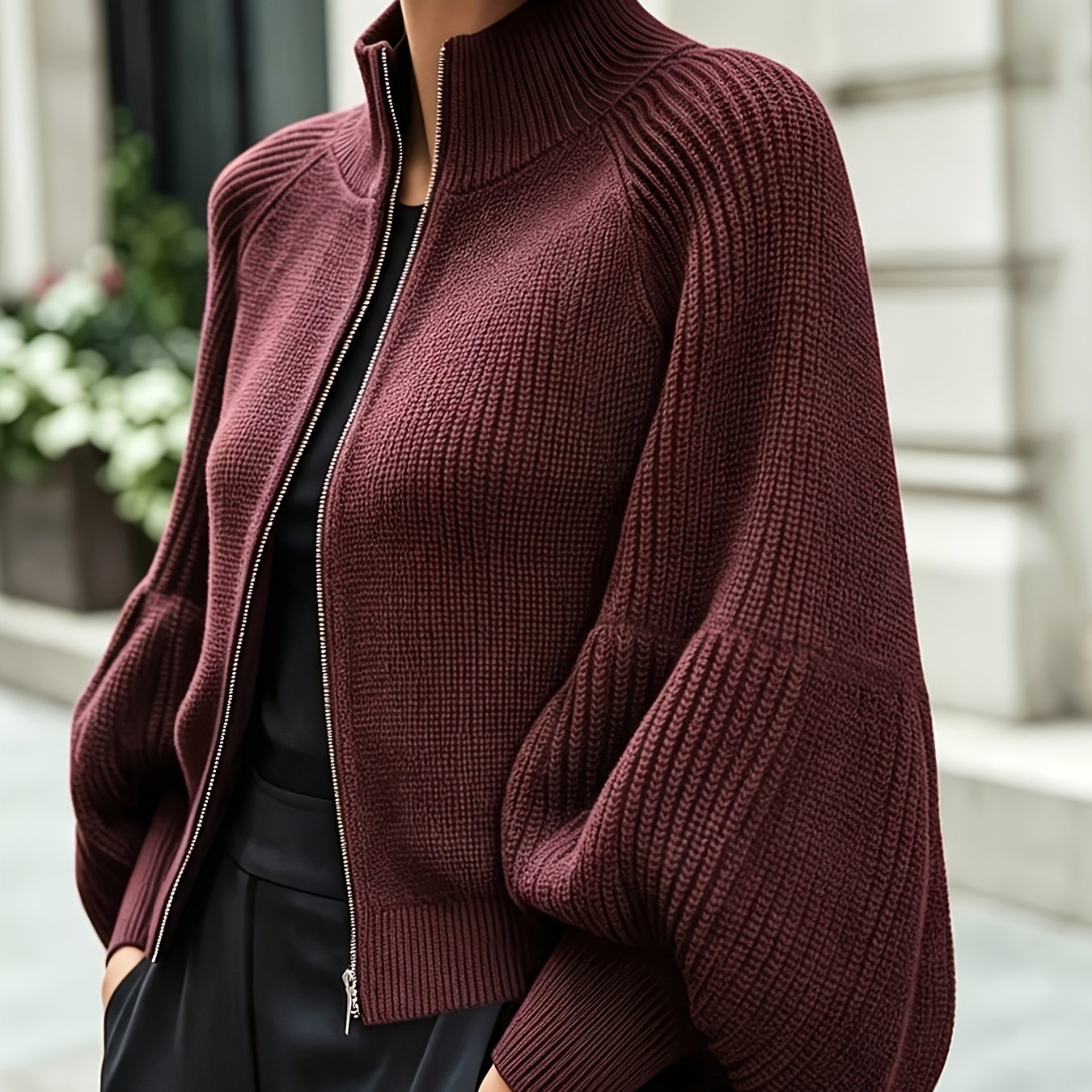 TEMU Women's Autumn/winter Fabric Cropped Zip-front Cardigan, Featuring A High Collar That The Neckline, Offering Wind Resistance And A Fashionable