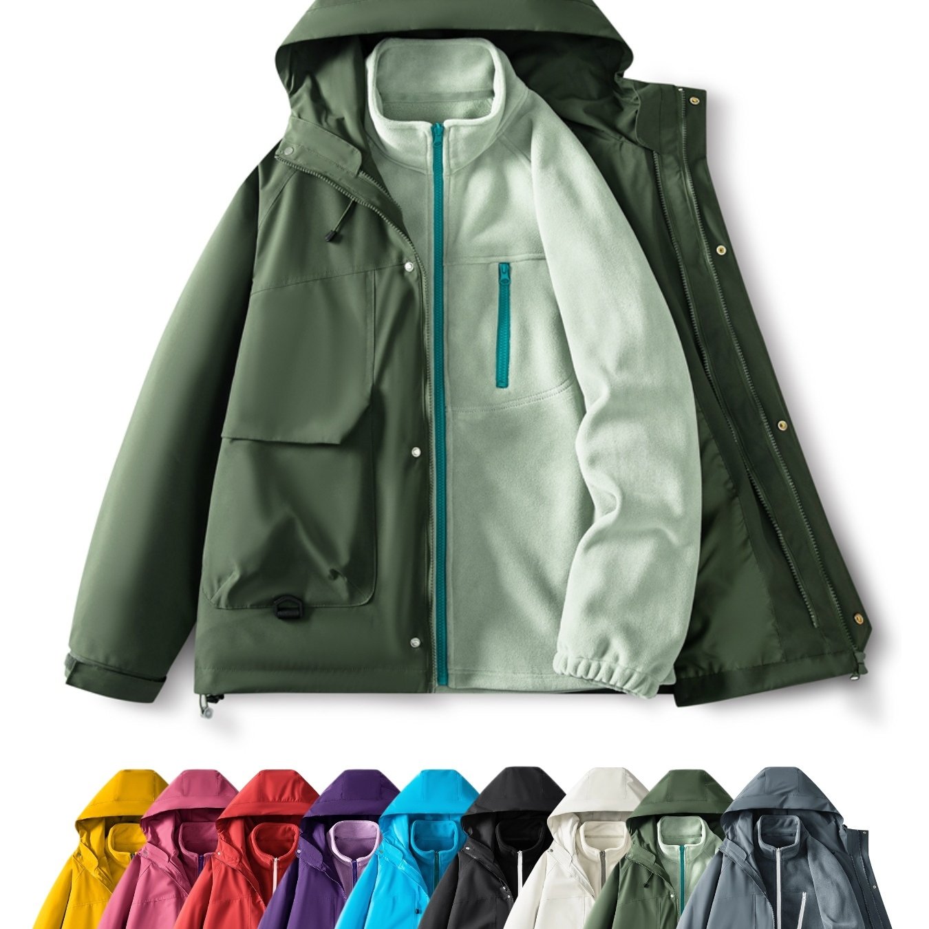 TEMU Obm Men's 3-in-1 Jacket Outdoor Windbreaker With Detachable Inner Hoodie, Loose Jacket And Ski Set, Suitable For Hiking And Snowboarding