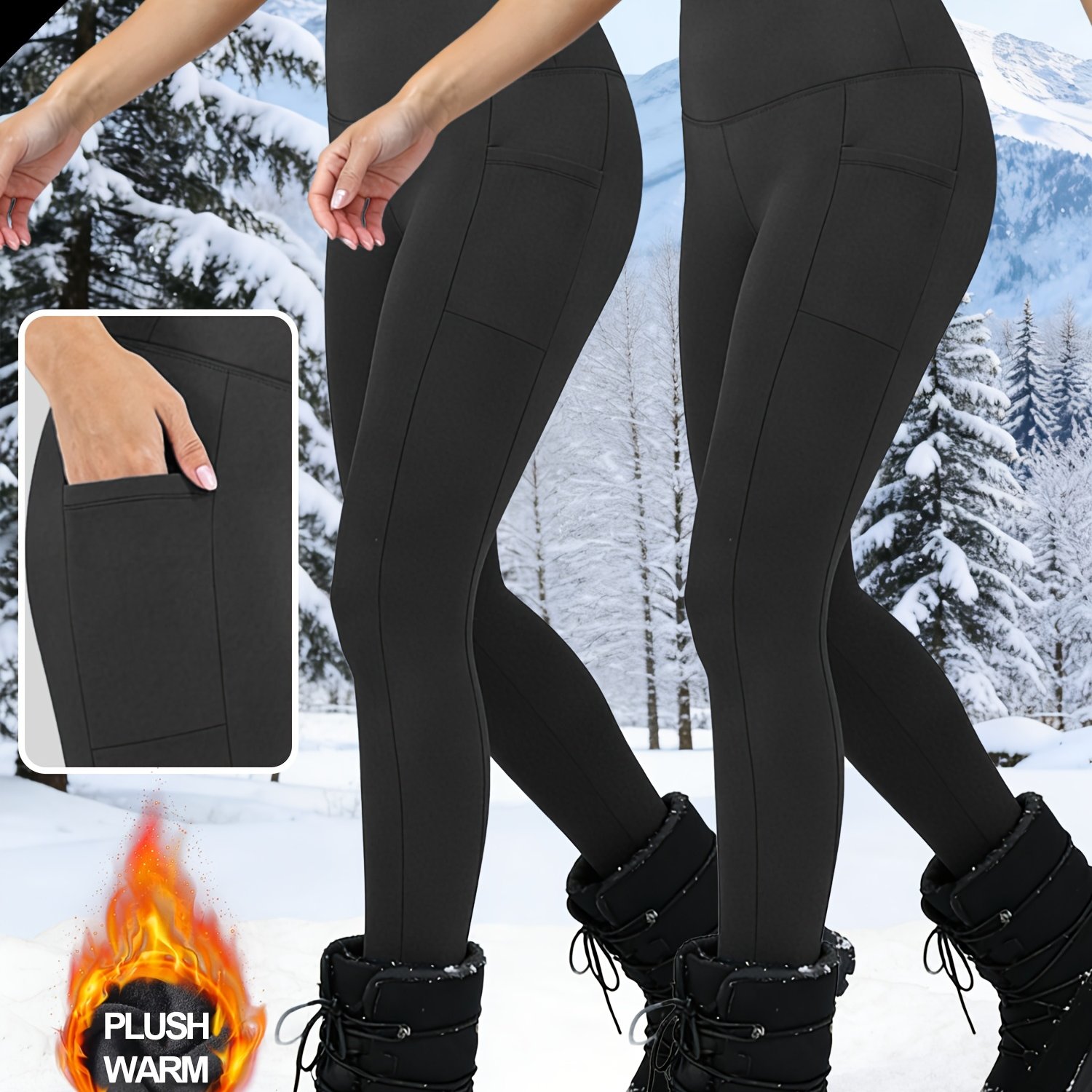 TEMU 2pcs Set Women's Autumn Winter High-waist Fleece Leggings Side Tights With Pockets Warm Base Layer Outdoor Cold Protection Suitable For Daily
