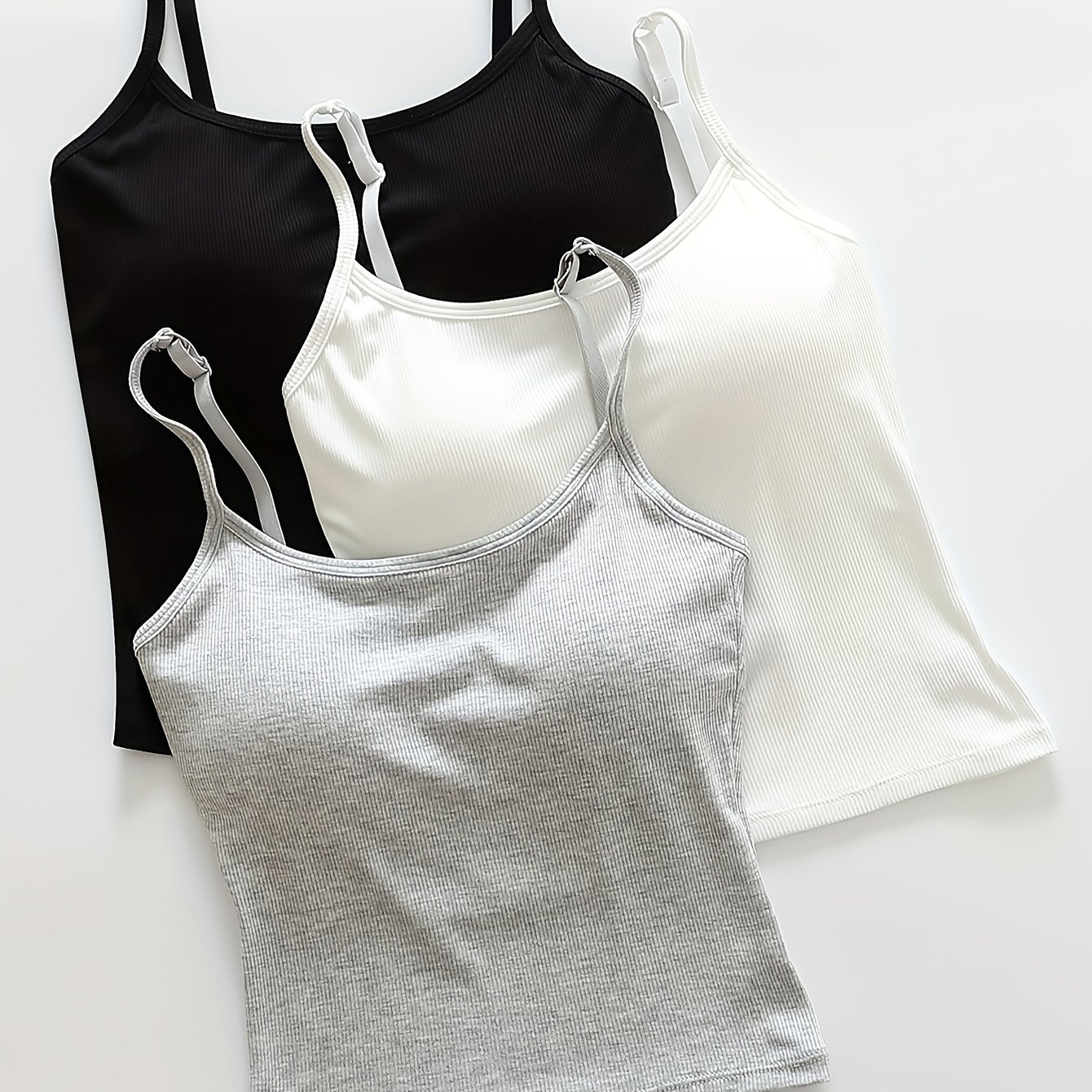 Image of 3pcs Women's Elegant Viscose Camisole, Solid Color Camisole Slim Fit Tank Top With Non-removable Pad, Comfortable And Casual Everyday Short Bottoming Shirt