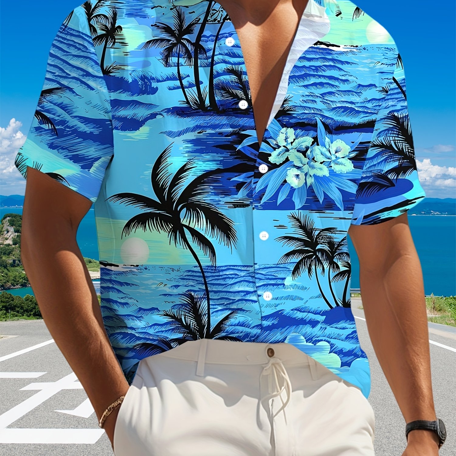 TEMU Men's Hawaiian Shirt Short Sleeve Button-up Collar Shirt - Tropical Beach Print With Hawaiian Hibiscus & Palm Patterns, Collar & Single-breasted