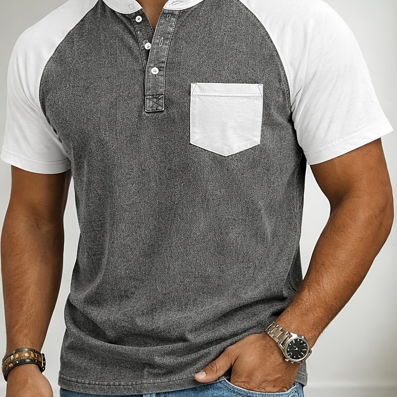 Image of Men's Vintage Washed Henley T-shirt, Raglan Short Sleeve Button Casual Tee With Chest Pocket Round Henley Neck Tshirt Retro Style Front 3 Buttons Summer Comfortable Tshirts, Plus Size