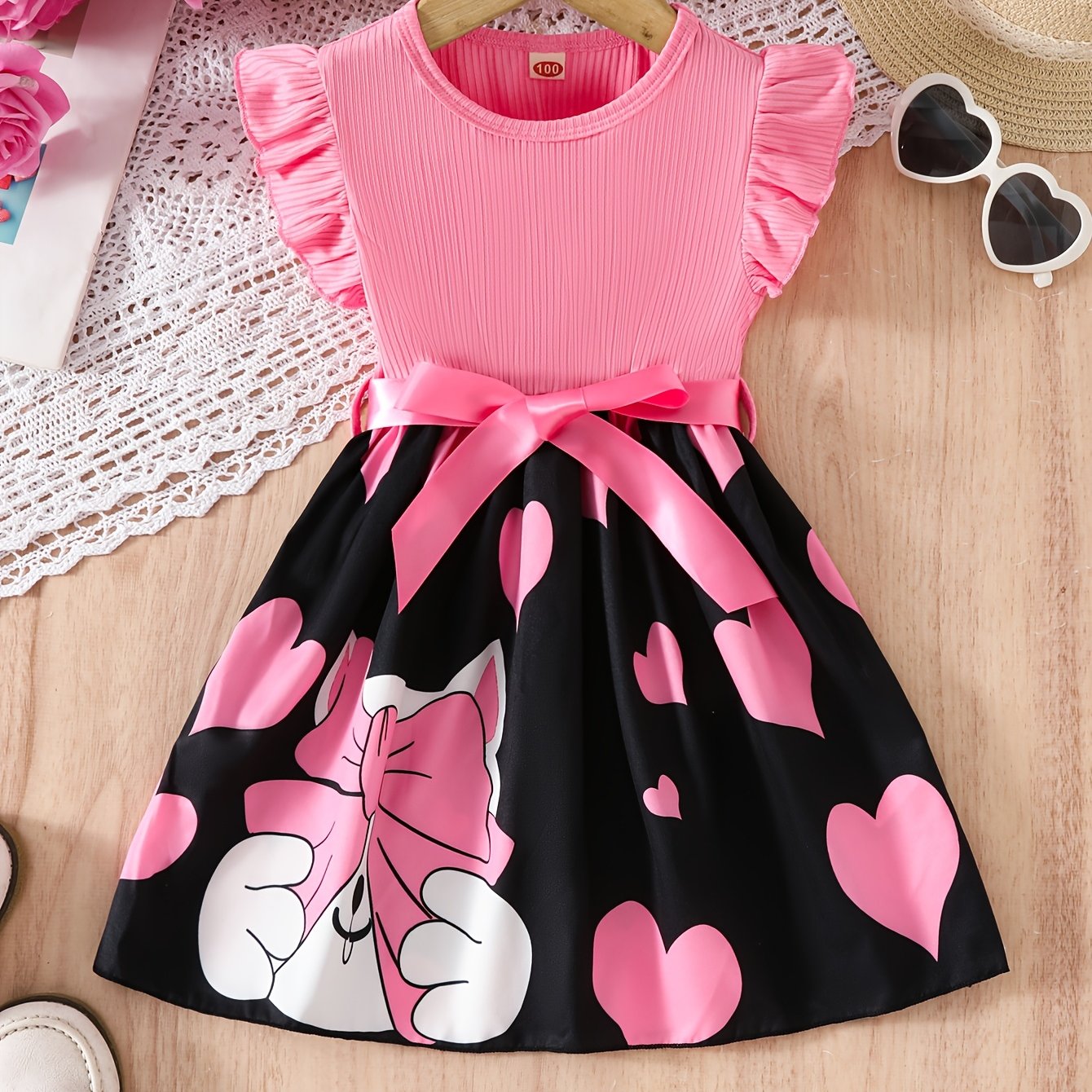 Image of [delivery Ribbon Belt] Girls' Dress Summer Style, Round Neck Puff Sleeve Toddler Dress, Thin Pit Strip Soft Comfortable Fabric, Elastic Waist Contrast Color Full Print Cute Cat Animal Print