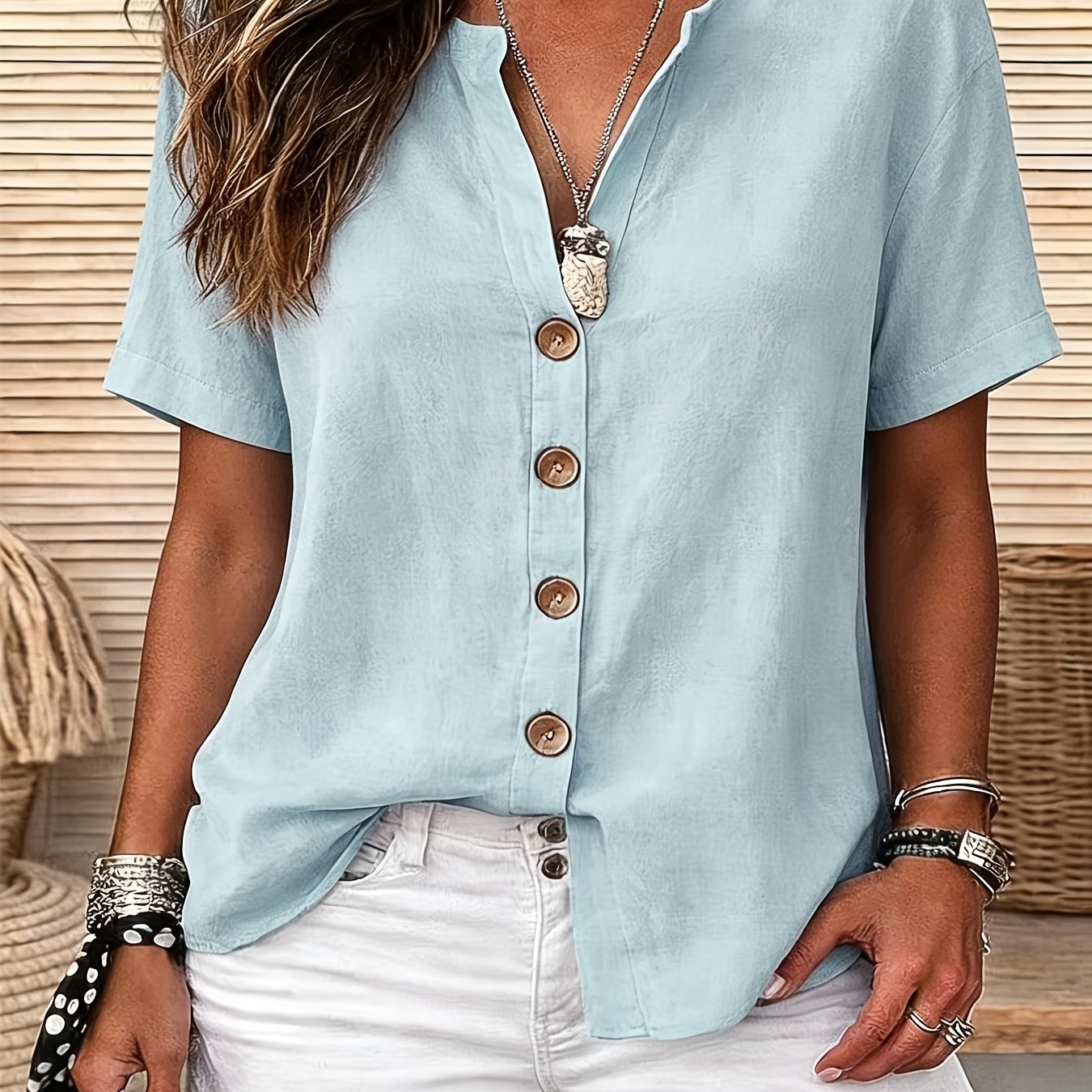 TEMU Solid Color Shirt, Round Neck With Buttons, Loose Fit, Suitable For Daily Wear, Spring/summer Women's Shirt