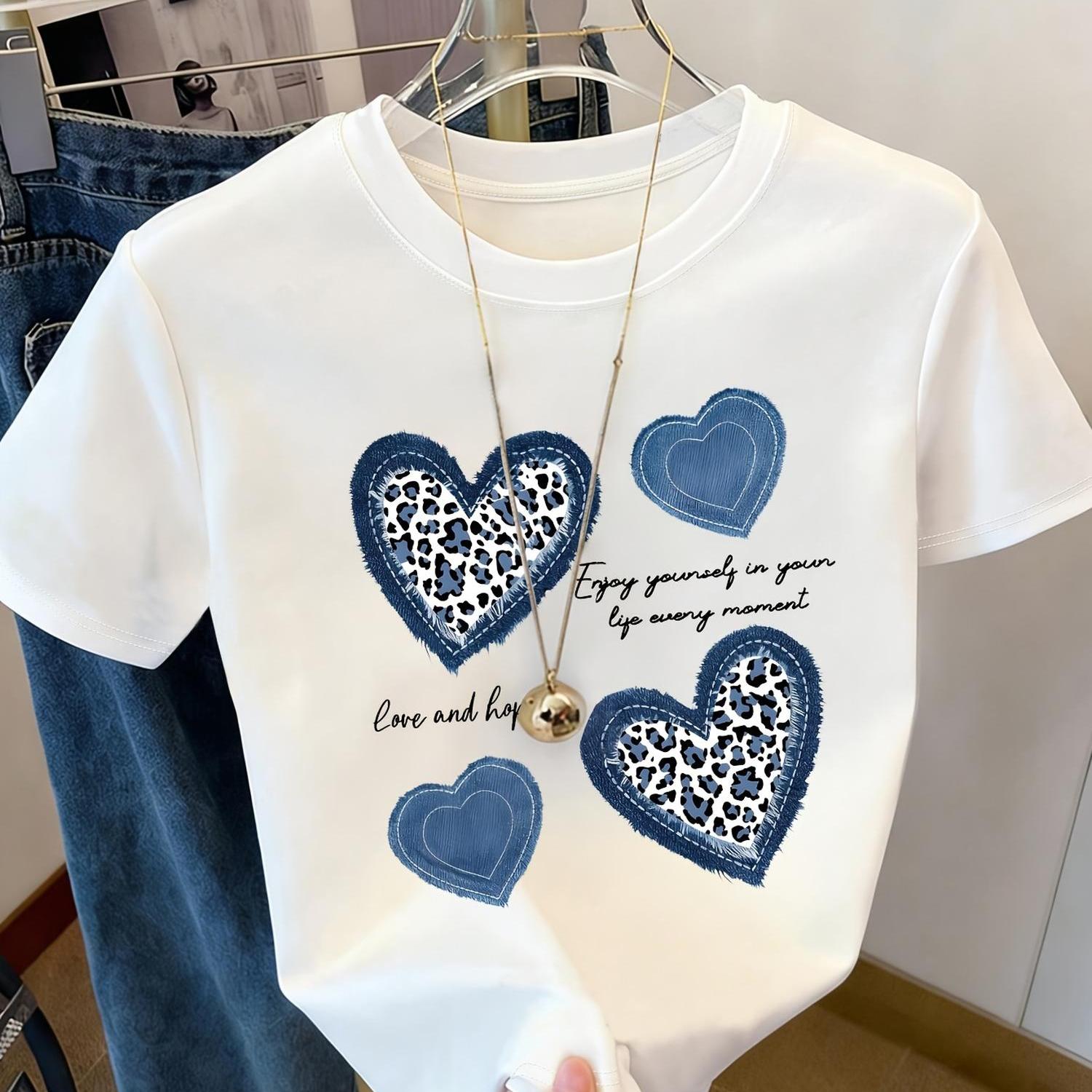 TEMU Leopard Print Heart-patterned Denim-inspired Print Women's Casual, Stylish, And Easy Round Neck T-shirt For Summer