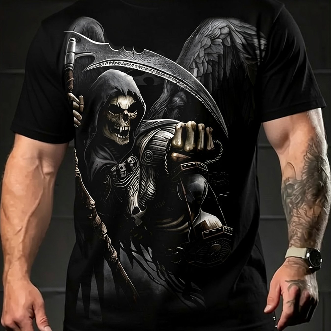 Image of Men's Plus Size T-shirt Winged Death Skeleton & Wings Style | Machine Washable | Round Neck | Quick-dry & Breathable | For Daily, Work, Outdoor & Vacation | For Spring/summer, Plus Size