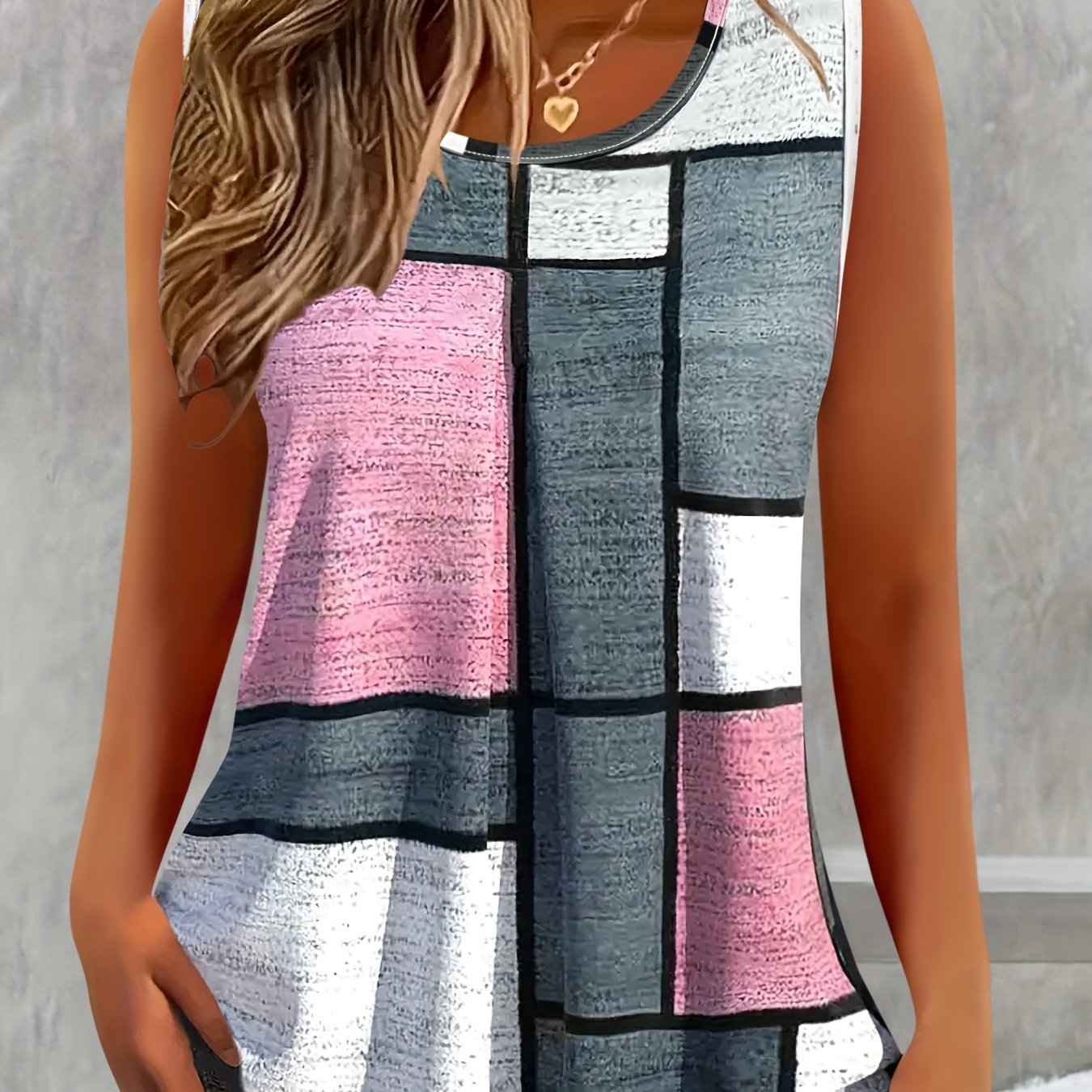 E-shop Plus Size, Sommer Damenmode Color Block Print Ärmelloses Top Rundhals Locker Casual Tanktop Plus Size Tanktop Damenbekleidung