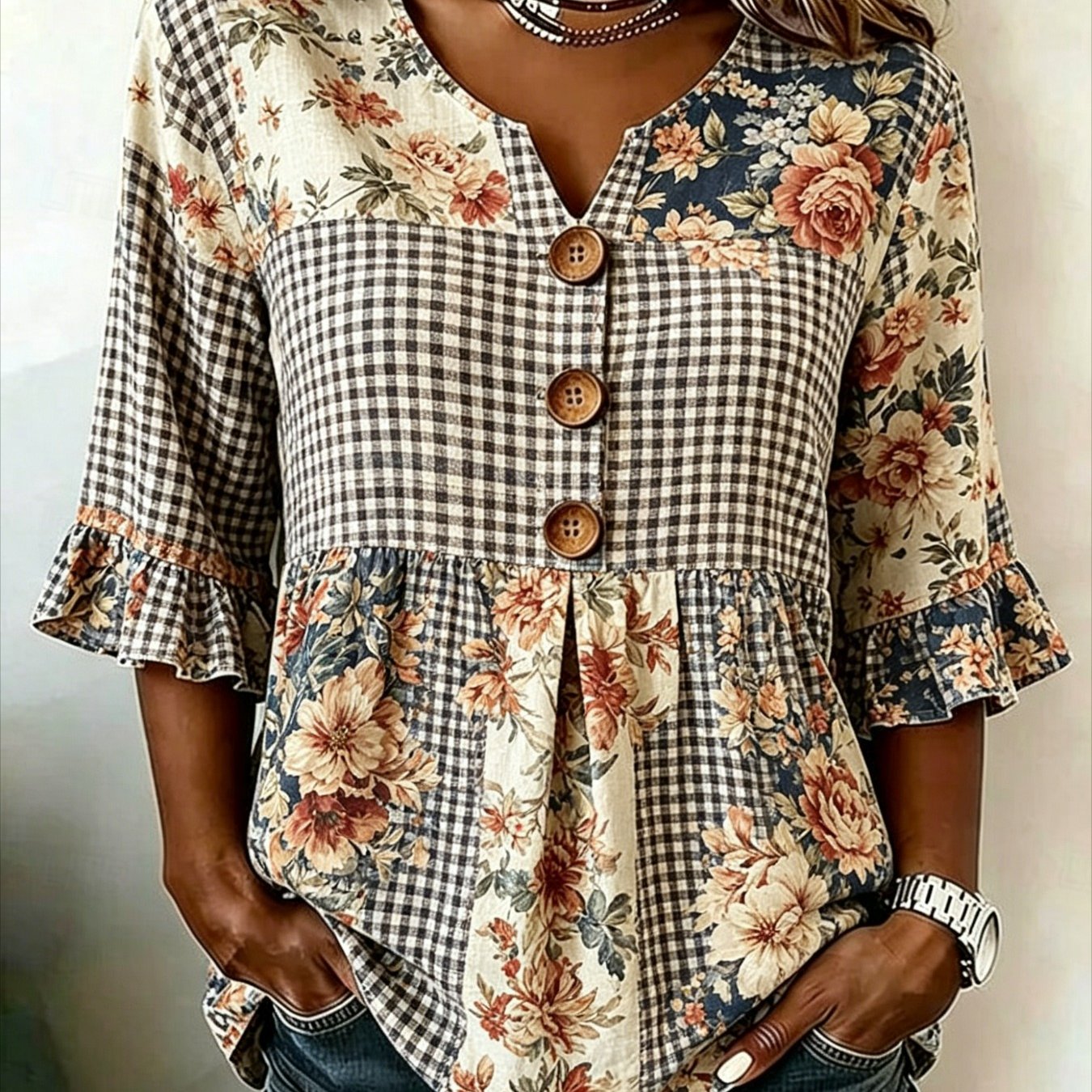 TEMU Women's Color-block Splicing Floral Print V-neck Three-button Flared Sleeve Shirt