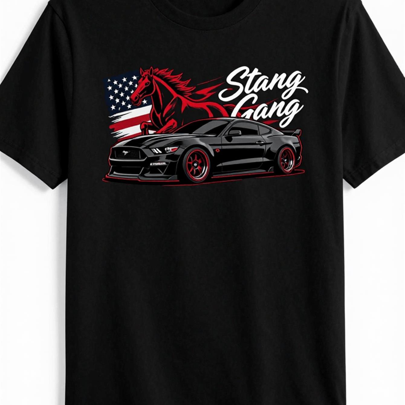 TEMU [zy Premium] Men's Black Stang Gang Car Enthusiast Pattern T-shirt - Red And White Sports Car And Running , Breathable Casual T-shirt, Short