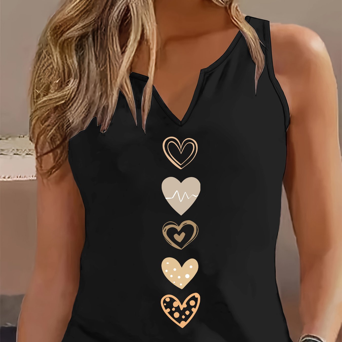 TEMU (052#) Women's Fashion Fresh Camisole, V-neck Heart Print Sleeveless Tank Top, Casual Comfortable All-match Inner And Outer Wear Women's Top