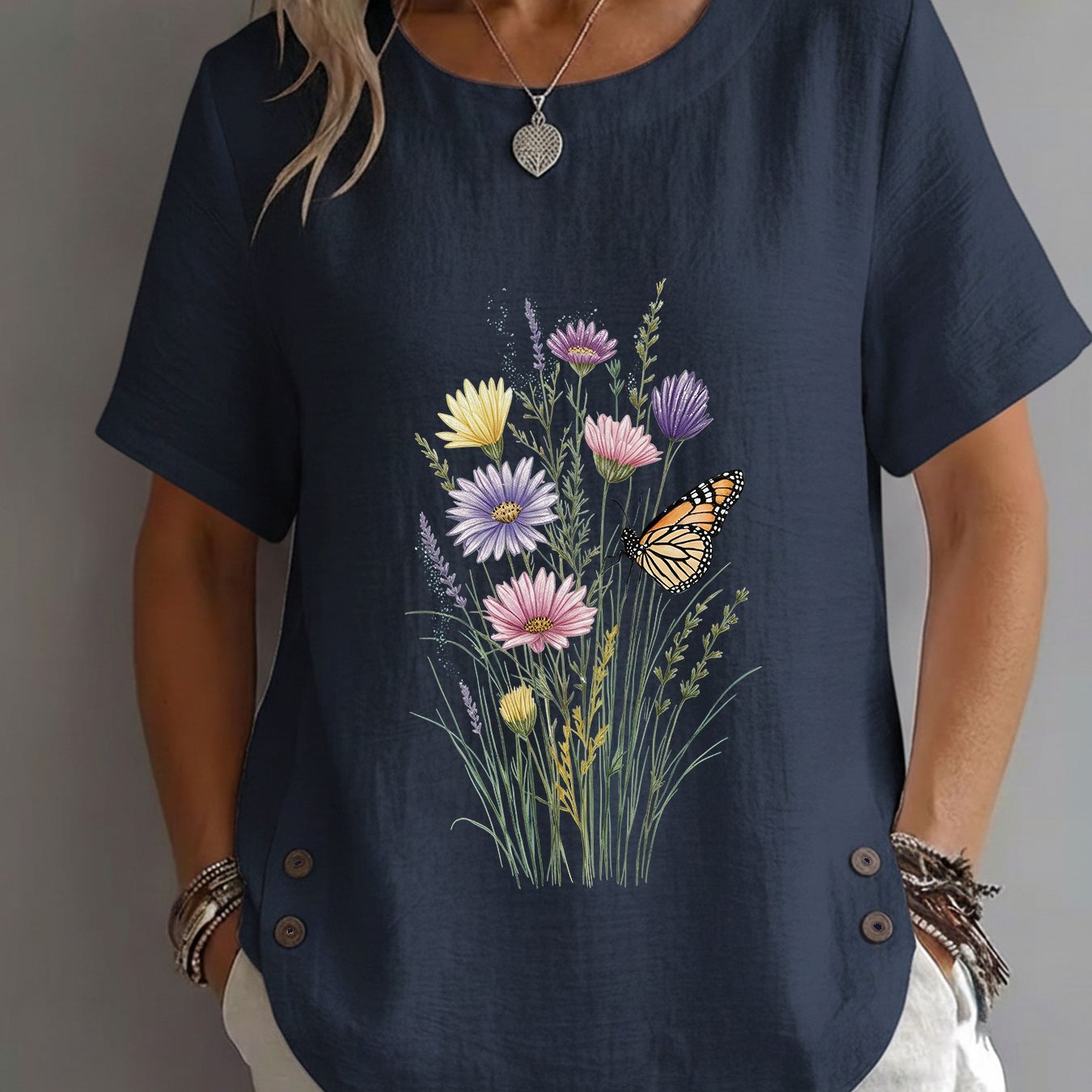 TEMU Spring/summer Women's Clothing, Watercolor Style, And Print, Elegant, Mature, Casual, Round Neck, Short Sleeve Women's Top