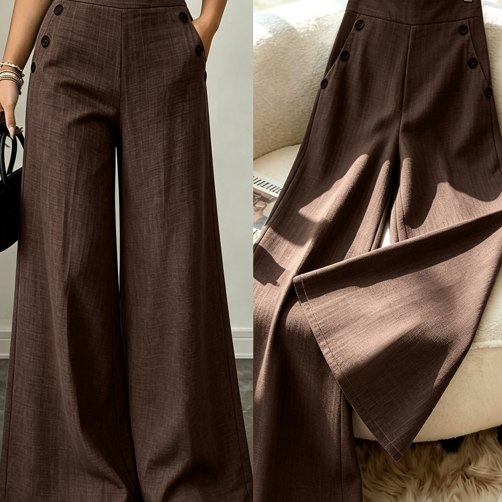 TEMU Hmy High-waist Wide-leg Suit Trousers With Side Button Detail And Drape Straight Casual Pants Women's Slant Pocket Commuter Trousers And