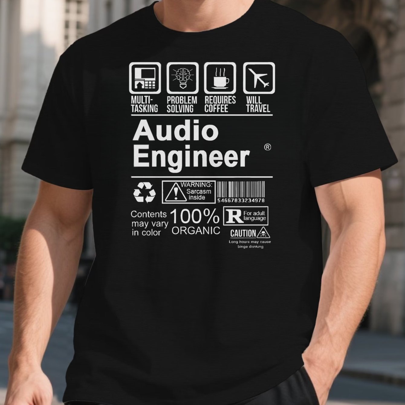 Image of Men's Audio Engineer T-shirt With Sound Icons & Humorous Text - Tech Gift Suitable For Music Lovers, Casual Round Neck Shirt For Djs, , Studio Crew, Machine Washable Daily Wear For