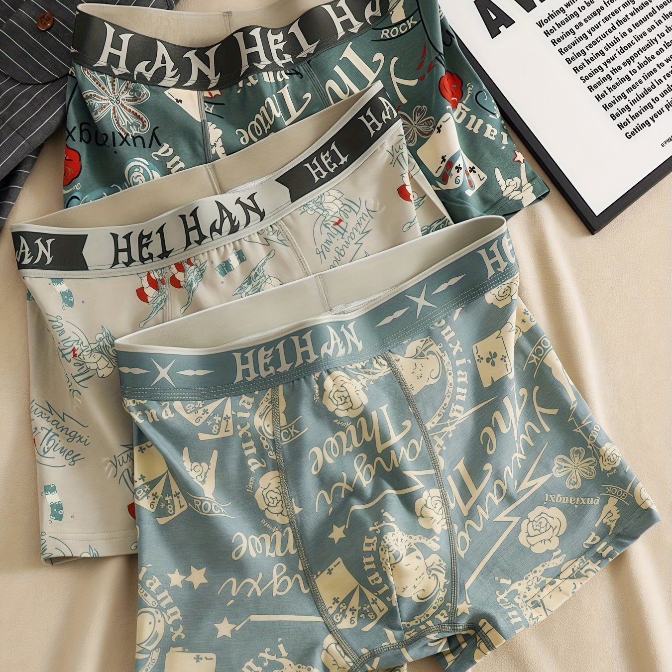 3pcs Men's Trendy Printed Mid-rise Elastic Flat Front Underwear - Comfortable Breathable Print Fabric Boxer Briefs, Mixed Color Set