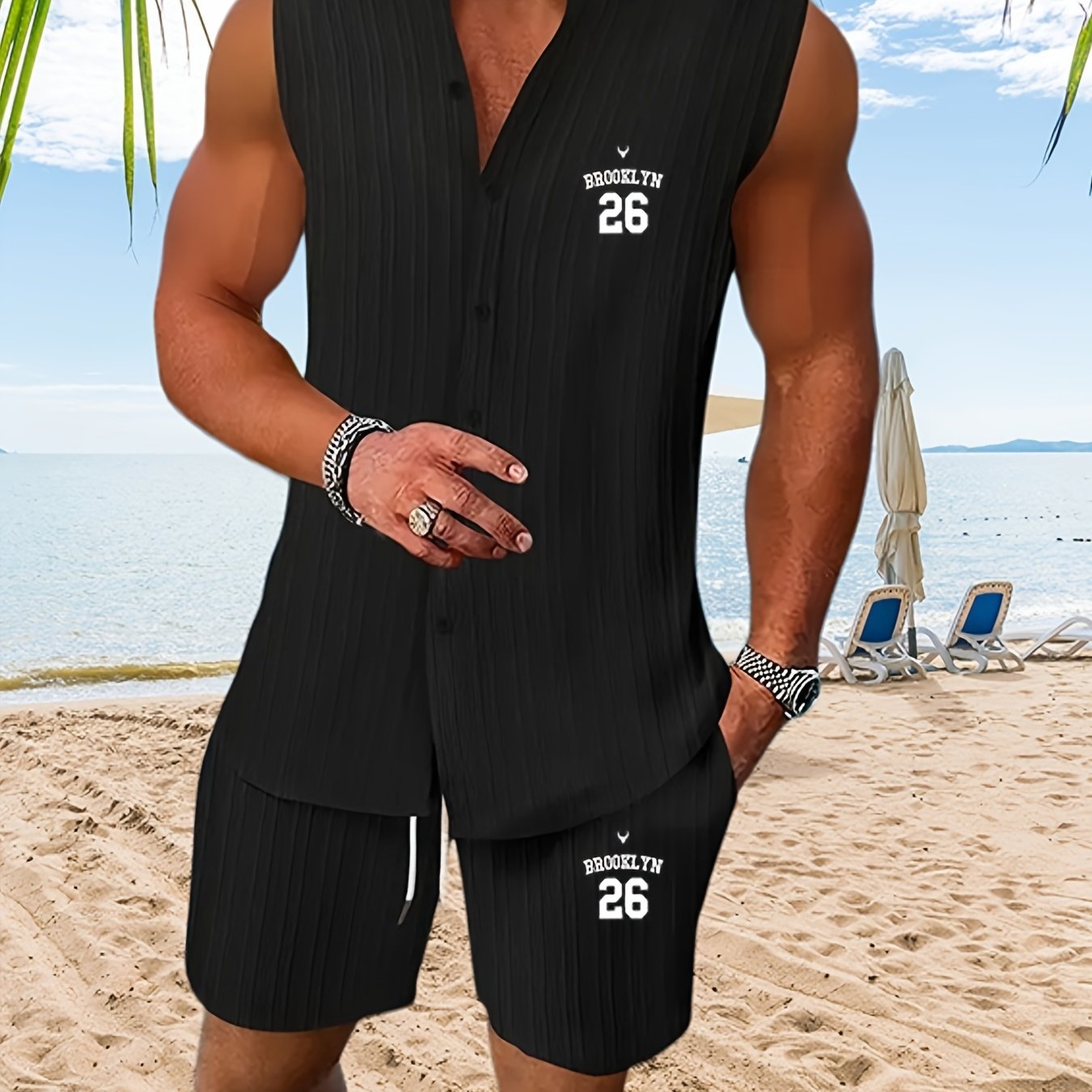 TEMU 2026 Men's Jacquard Striped Collar Sleeveless Shirt/island Vacation Casual Sleeveless Henley Shirt And Jacquard Striped Casual Drawstring Shorts