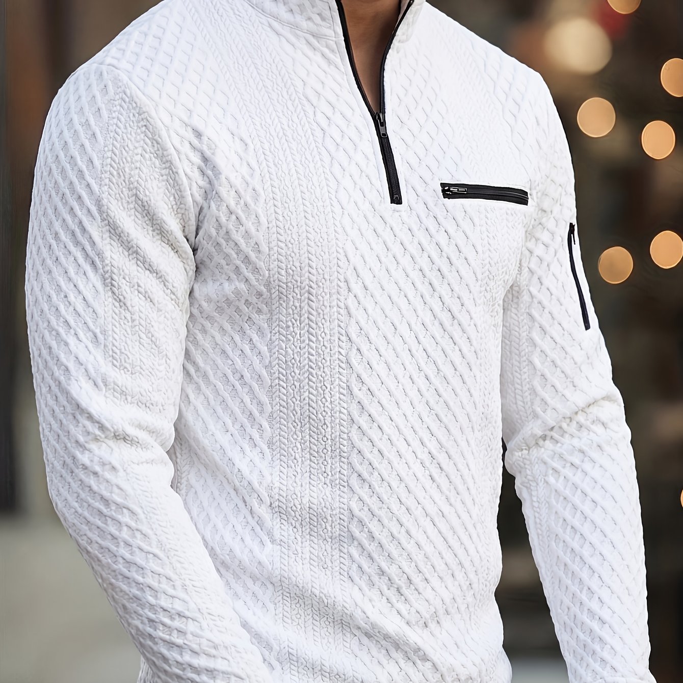 Image of Men's Fashion Top, Autumn/winter Casual Textured Fabric Crew Neck Zipper Pocket Long Sleeve Men's Henley Shirt, New Season